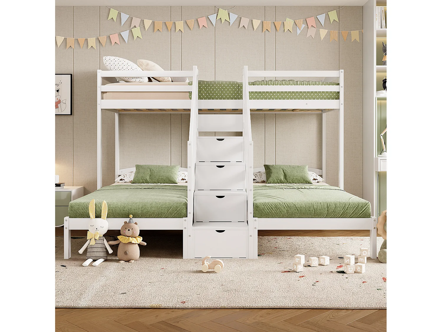 Łóżko piętrowe dla dzieci - 3 x 90 x 200 cm - z 4 schowkami na klatce schodowej - Sosna + MDF - biały 4171609 - obrazek 1