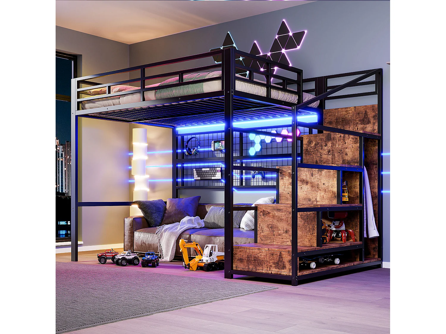 Łóżko piętrowe dla dzieci - 140 x 200 cm - z szafą + schowkiem na klatce schodowej + diodami LED - Metal + MDF - czarny 4171611 - obrazek 1