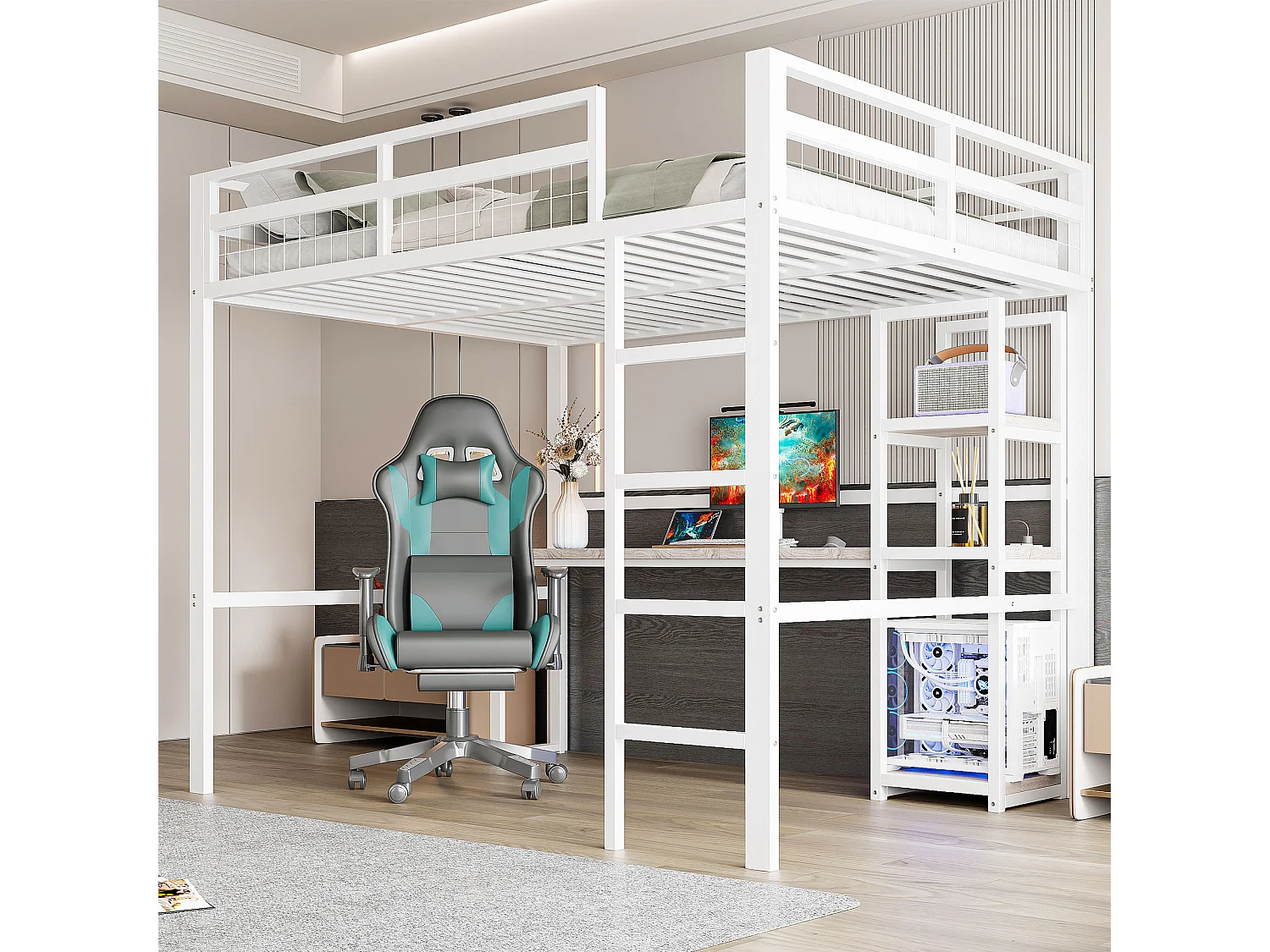 Łóżko piętrowe dla dzieci - 140 x 200 cm - z półkami do przechowywania + biurkiem z gniazdkiem + USB - Metal + MDF - biały 4171613 - obrazek 1