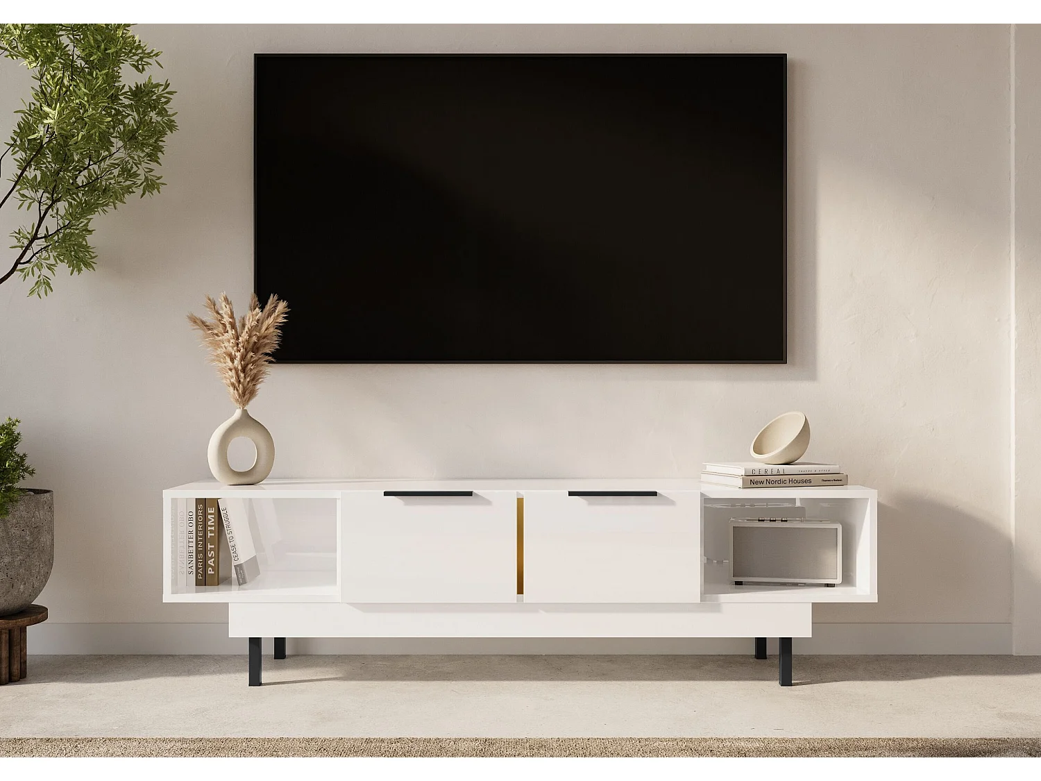Elegancka biała komoda RTV Dancan ARTEMISA ze złotymi dodatkami / szer. 163 cm 4171689 - obrazek 1