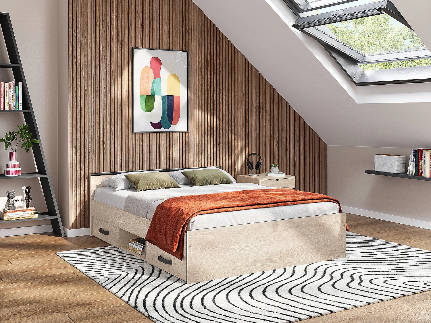 Łóżko ze skrzynią – 2 szuflady i 1 wnęka – 140 × 190 cm – kolor naturalny – PABLO 124481