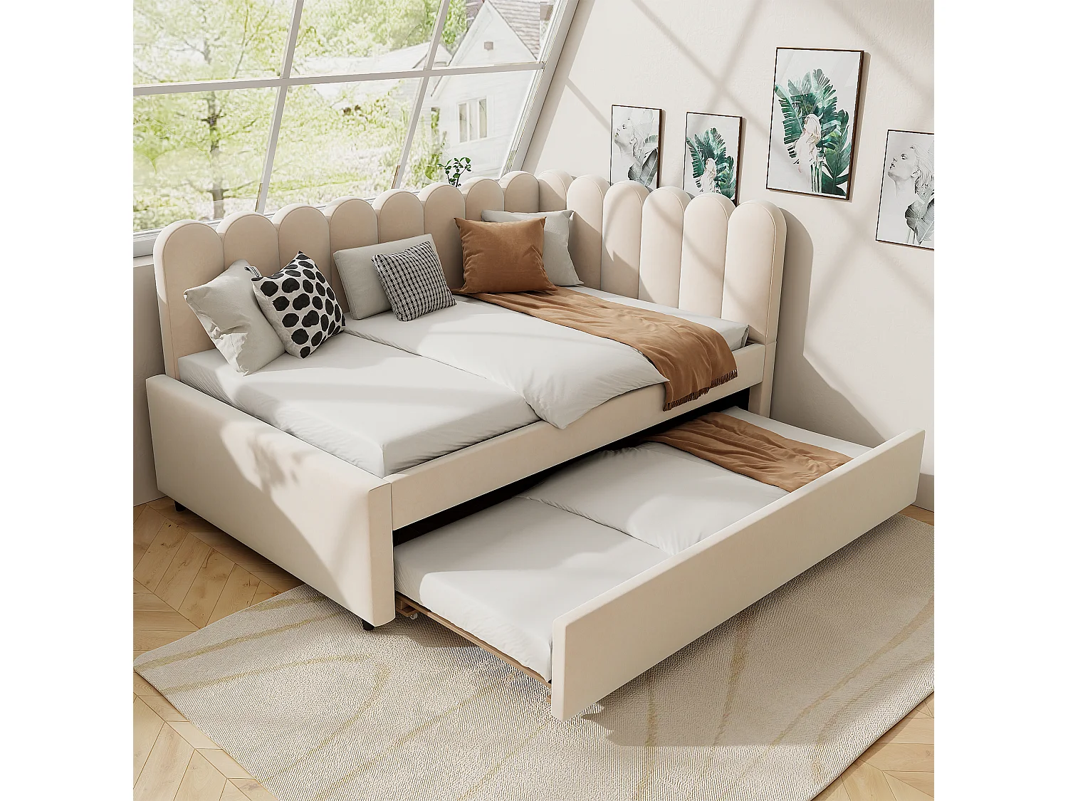 2 w 1 tapicerowana sofa rozkładana dla dzieci – 140 x 200 cm + 90 x 190 cm – w kształcie litery L – aksamit + sklejka + MDF – beżowy 4172732