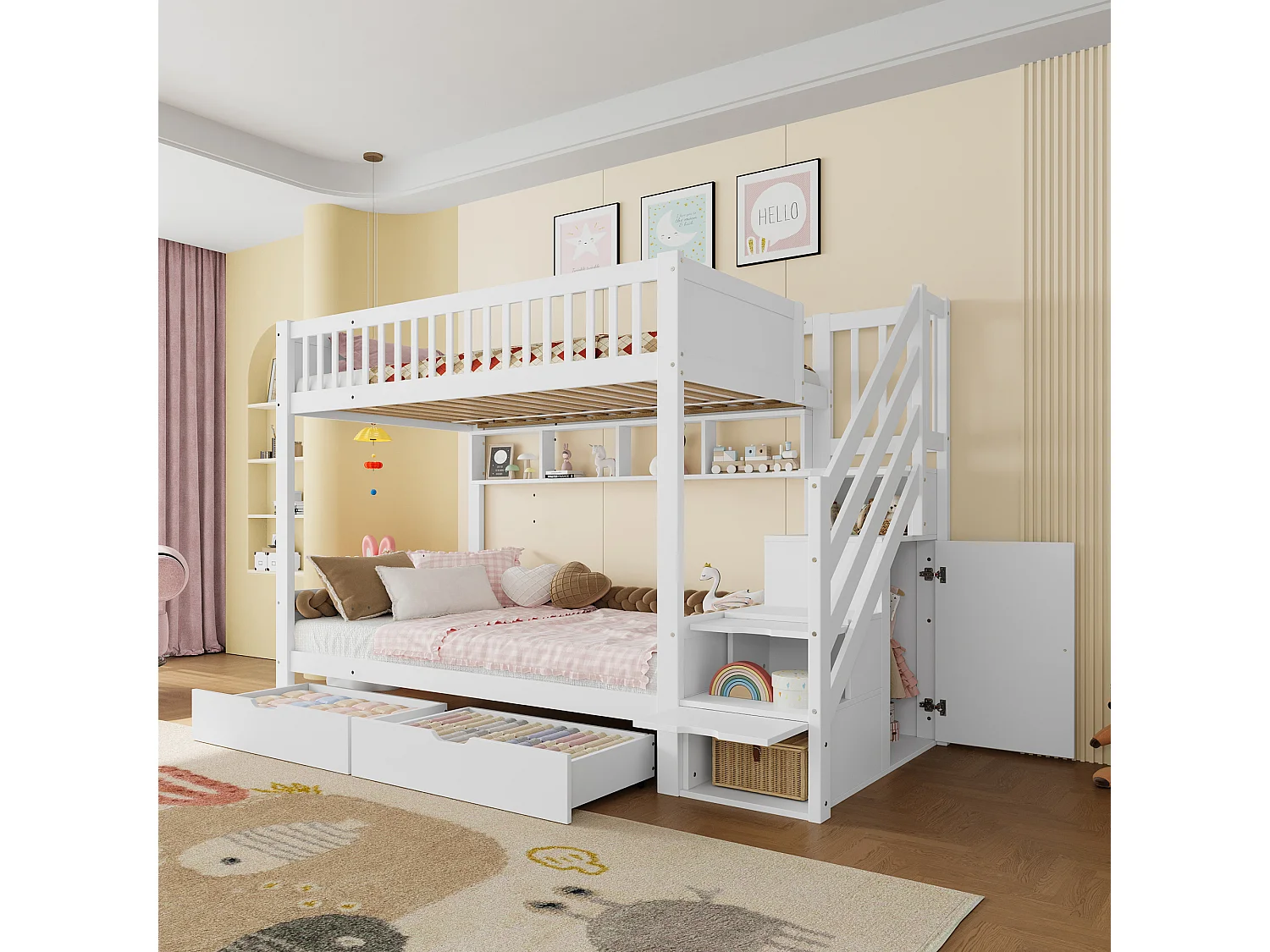 Łóżko piętrowe dla dzieci - 2 x 90 x 200 cm - z 2 szufladami + szafa + 3 schowki w schodach - Sosna + MDF - białe 4188685 - obrazek 1