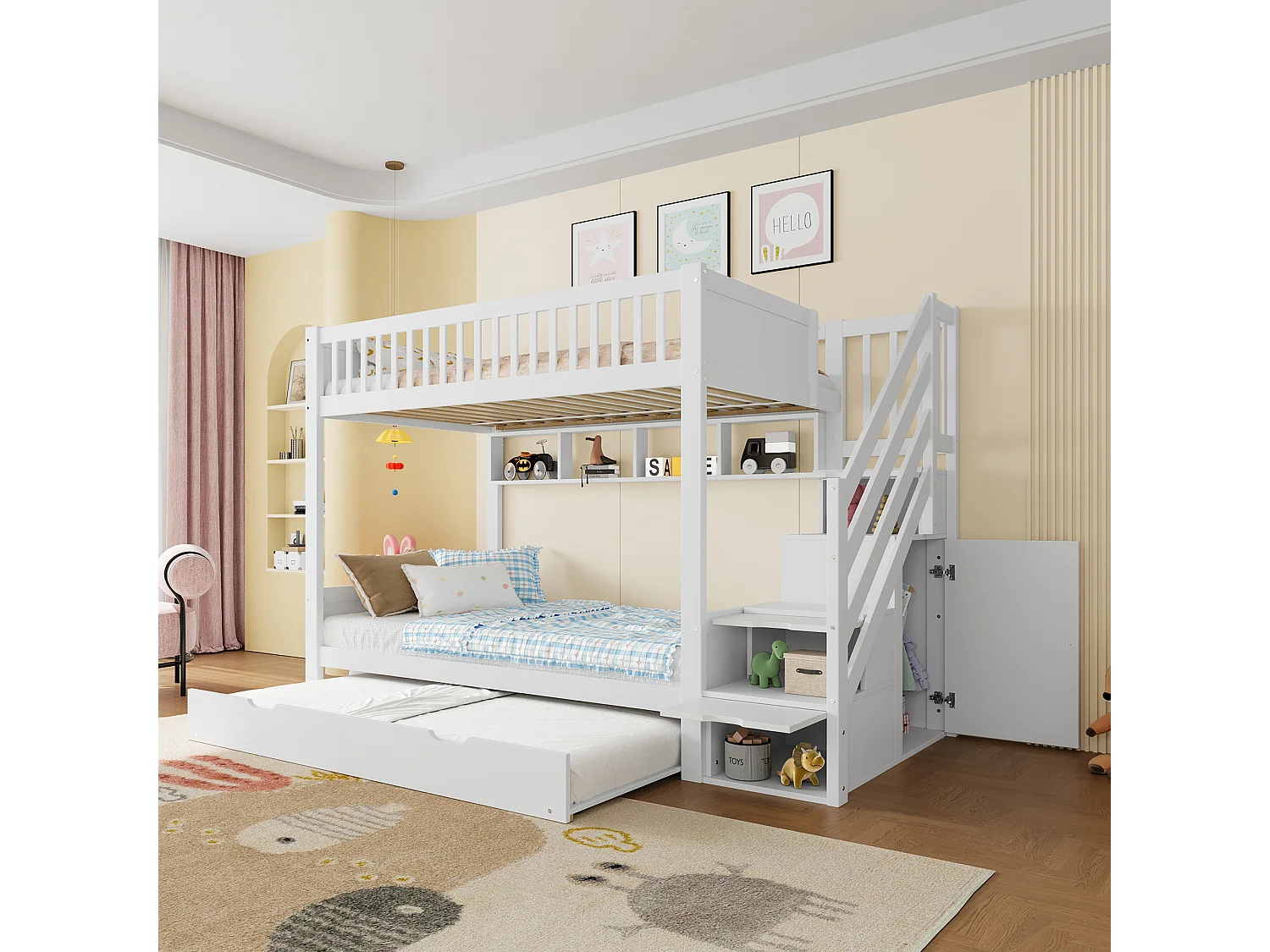 Łóżko piętrowe dla dzieci - 2 x 90 x 200 cm + 90 x 190 cm - z łóżkiem wysuwanym + szafa + 3 schowki w schodach - Sosna + MDF - białe 4188686 - obrazek 1