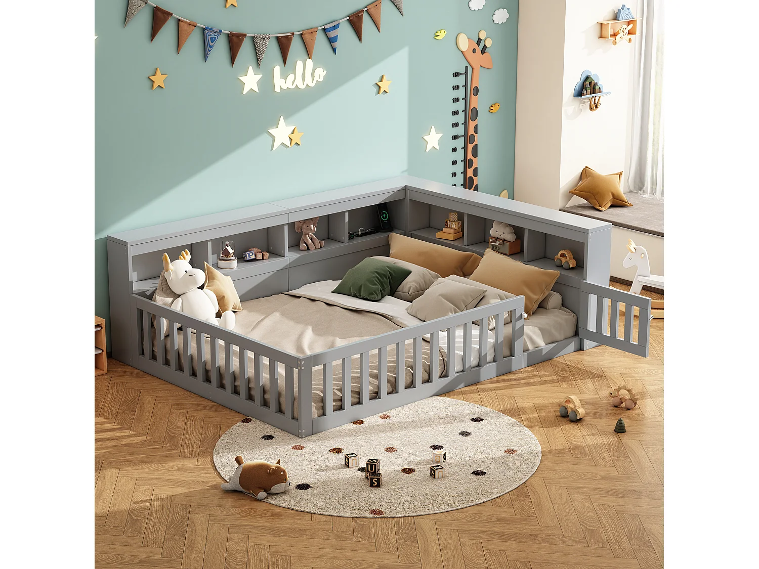 Łóżko dziecięce 2-osobowe - 140 x 200 cm - szafka nocna z miejscem do przechowywania + gniazdko + USB - z podstawą z listew - płyta wiórowa - szare 4188889 - obrazek 1