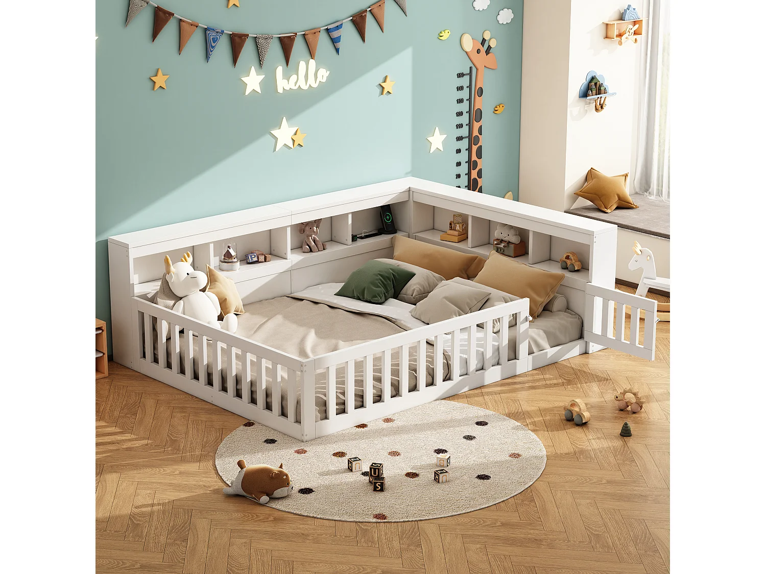Łóżko dziecięce 2-osobowe - 140 x 190 cm - szafka nocna z miejscem do przechowywania + gniazdko + USB - z podstawą listwową - płyta wiórowa - białe 4189057 - obrazek 1