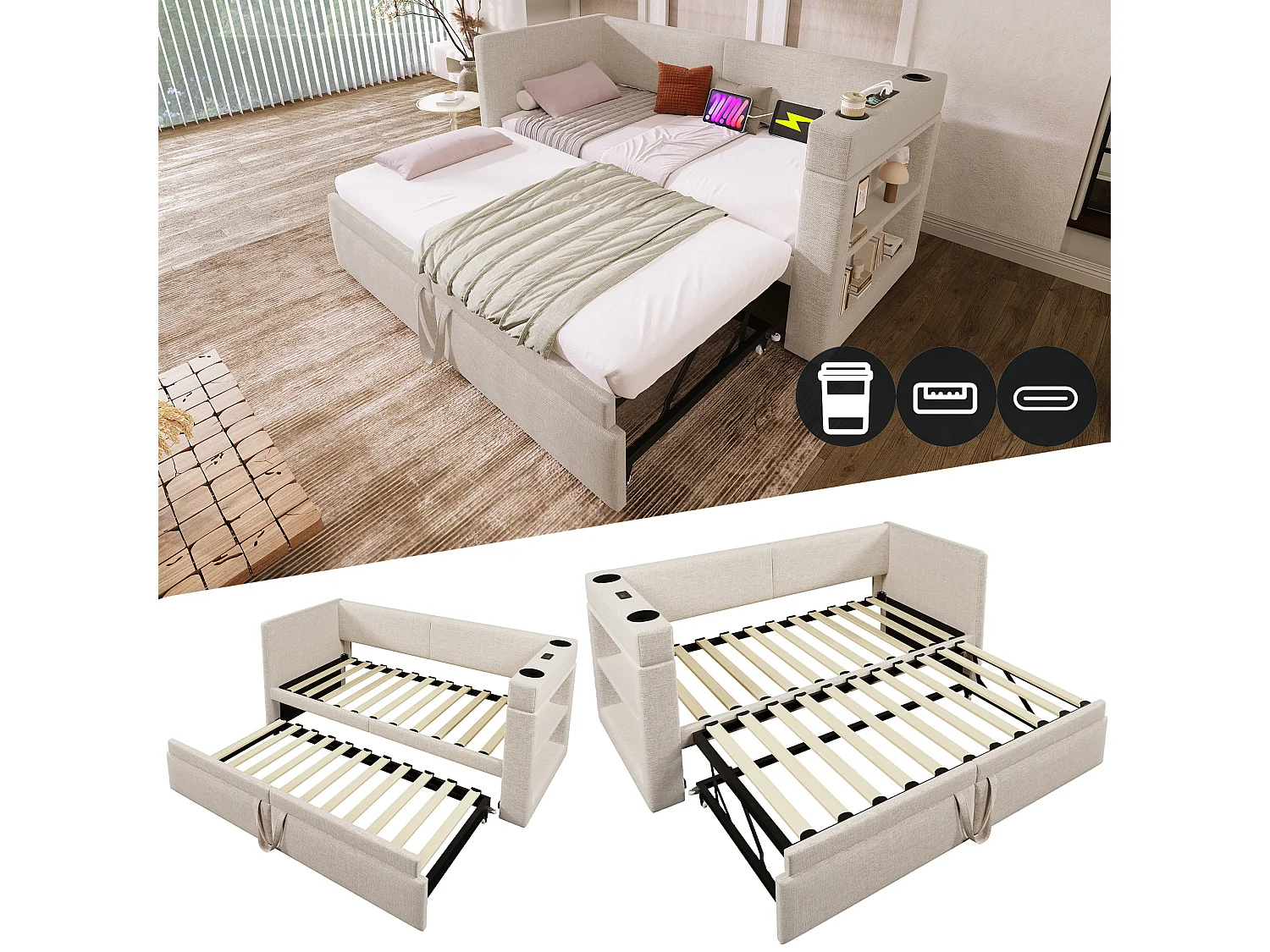 Łóżko dzienne - 90 x 200 cm + 90 x 190 cm - z wysuwanym łóżkiem - podłokietniki z USB + schowek - drewno + bawełna + metal - beż 4189118 - obrazek 1