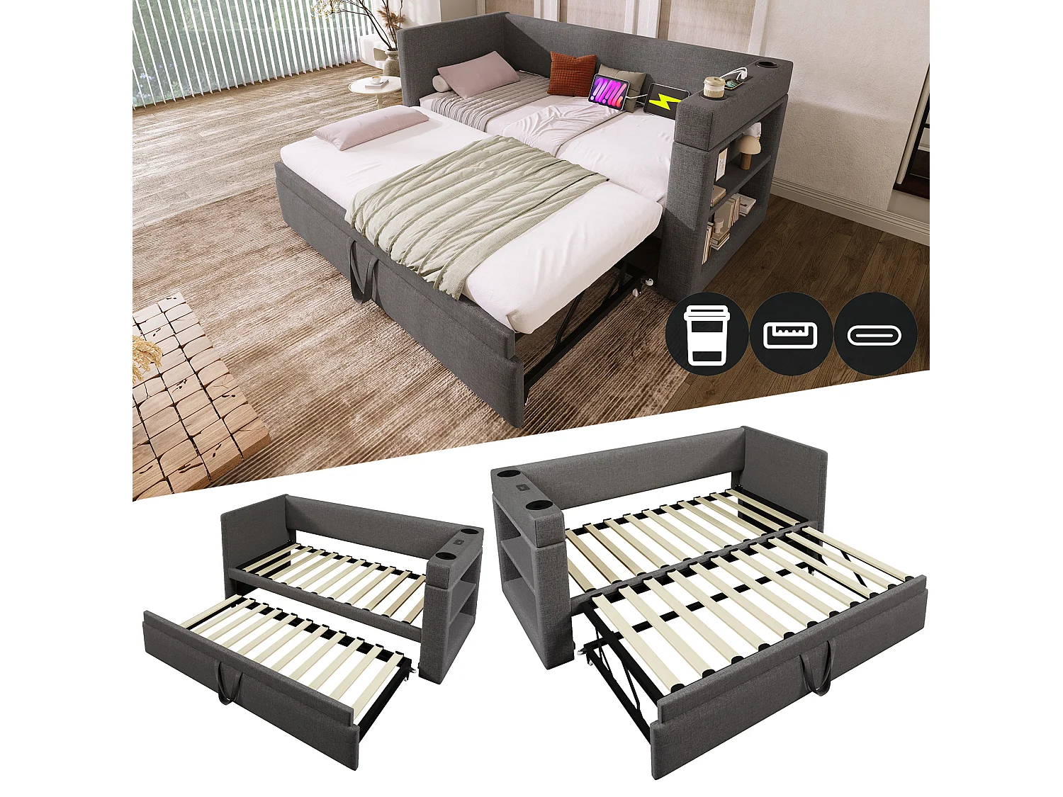 Łóżko dzienne - 2 x 90 x 190 cm - z wysuwanym łóżkiem - podłokietniki z USB typu C + schowek - drewno + bawełna + metal - szary 4189119 - obrazek 1
