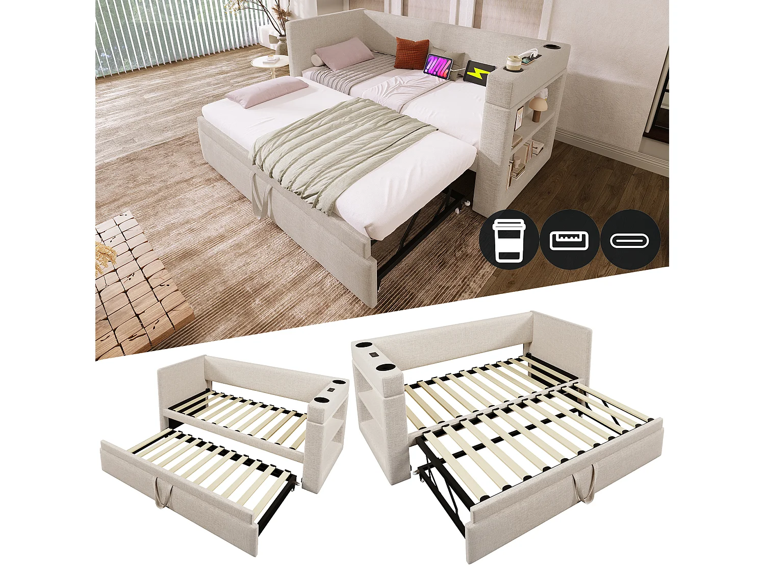 Łóżko dzienne - 2 x 90 x 190 cm - z wysuwanym łóżkiem - podłokietniki z USB typu C + schowek - drewno + bawełna + metal - beż 4189120 - obrazek 1