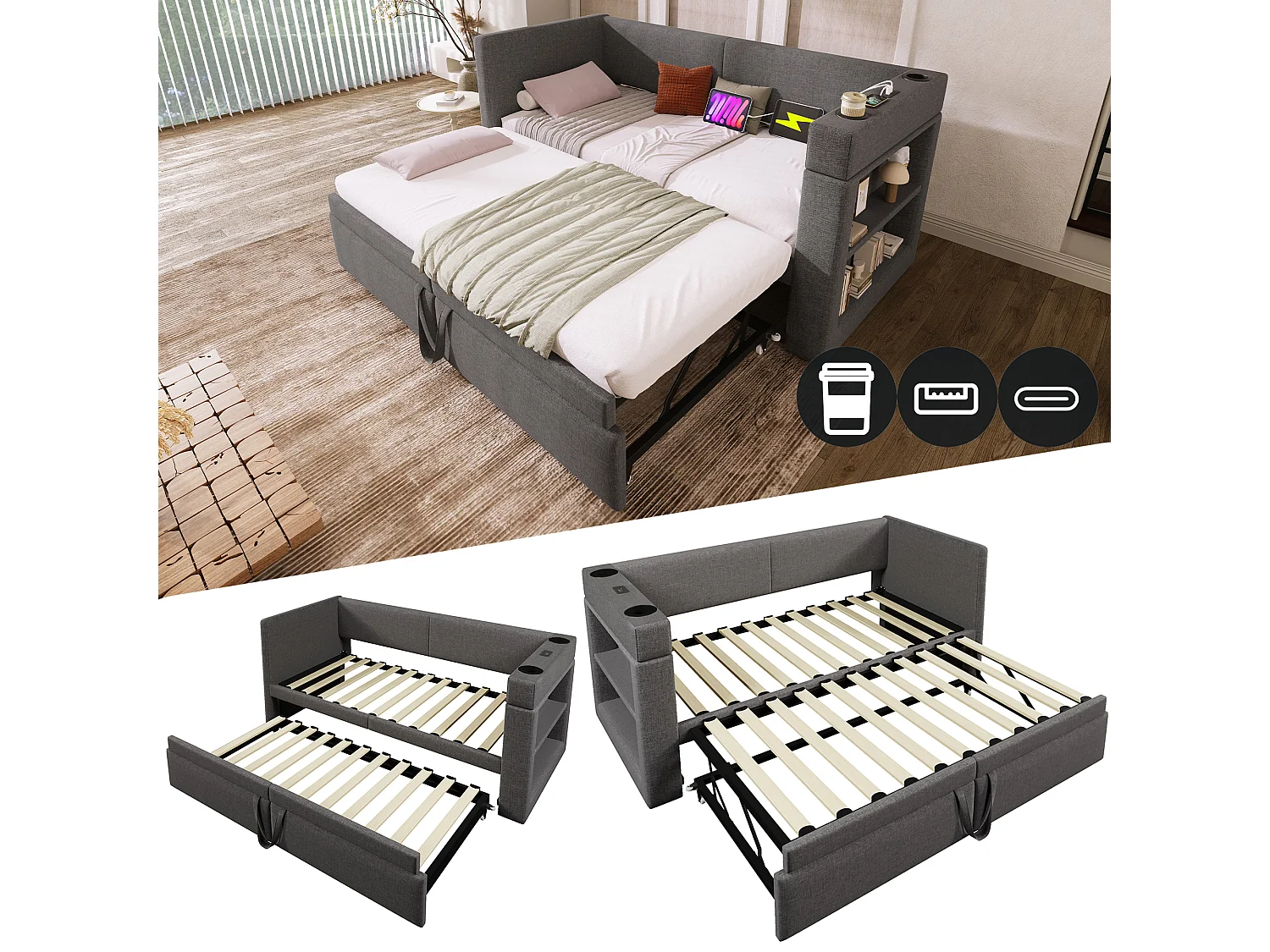 Łóżko dzienne - 90 x 200 cm + 90 x 190 cm - z wysuwanym łóżkiem - podłokietniki z USB + schowek - drewno + bawełna + metal - szary 4189122 - obrazek 1