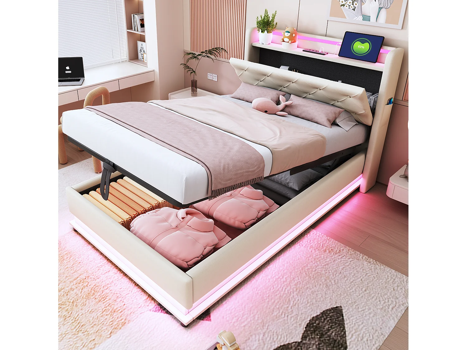 Łóżko dziecięce z pojemnikiem na pościel – 90 x 200 cm – z diodami LED + USB + składany zagłówek – hydrauliczny pojemnik – tkanina lniana – beż 4189351
