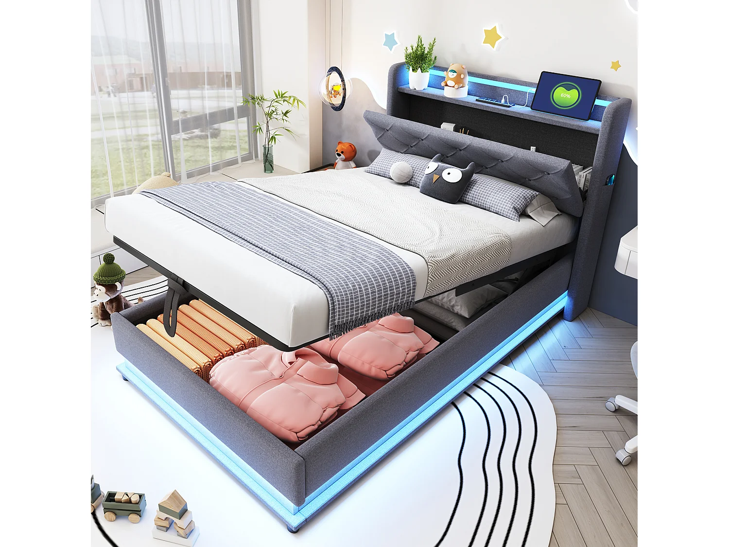Łóżko dziecięce z pojemnikiem na pościel – 90 x 200 cm – z diodami LED + USB + składany zagłówek – hydrauliczny pojemnik – tkanina lniana – szary 4189357