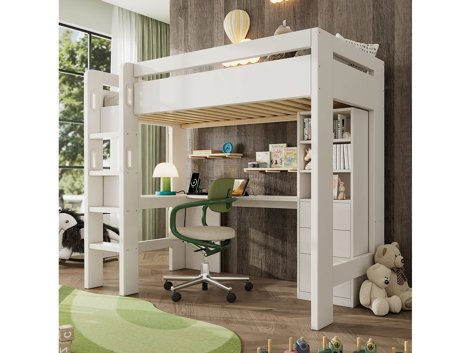 Łóżko piętrowe dla dzieci - 90 x 200 cm - z biurkiem + półkami + 3 szufladami + USB/Typ-C - lite drewno + MDF - białe 4189402 - obrazek 1