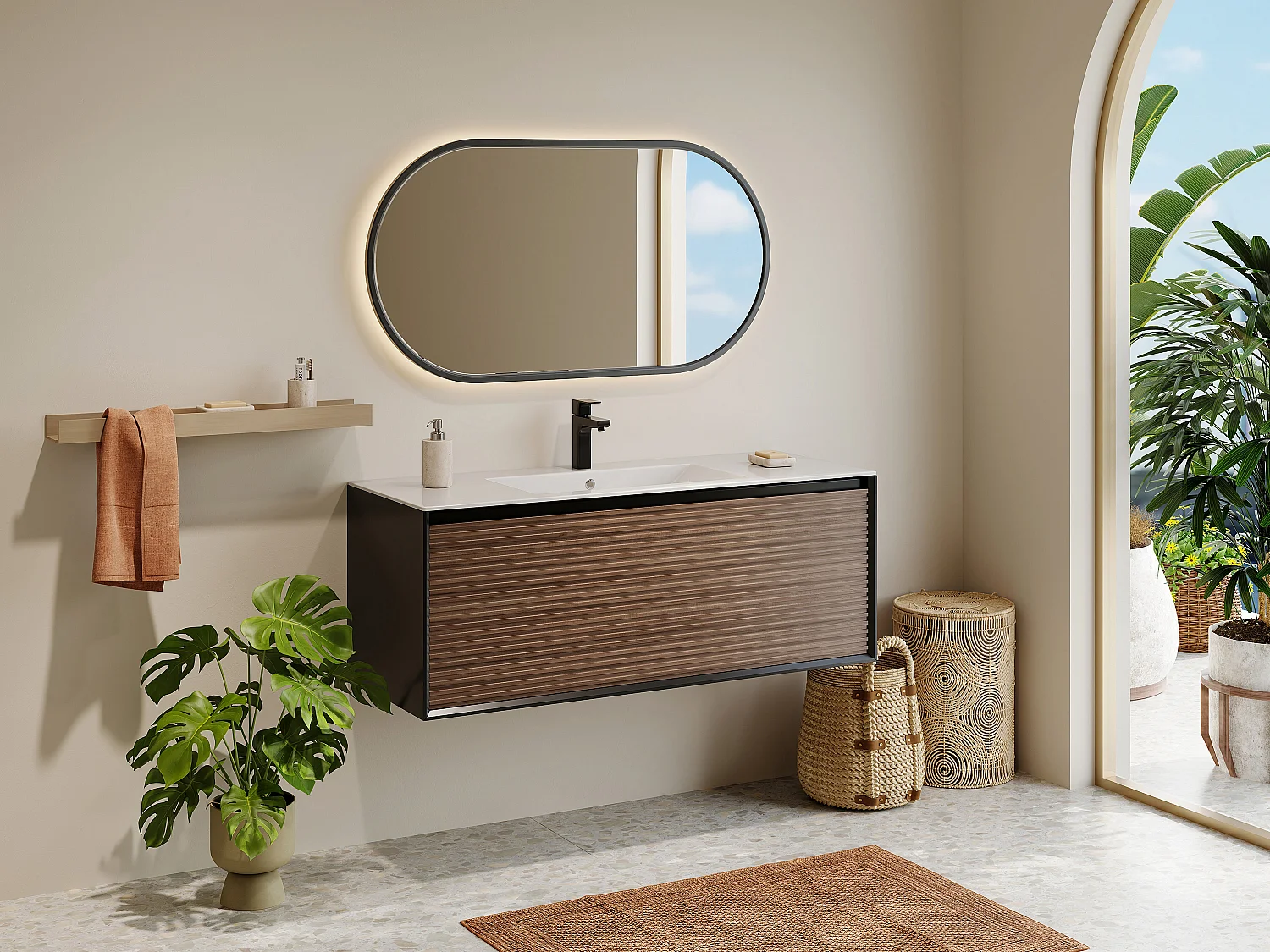 Szafka pod umywalkę wisząca ryflowana - Naturalny ciemny i czarny - 120 cm - BANIVA 3236400 - obrazek 1