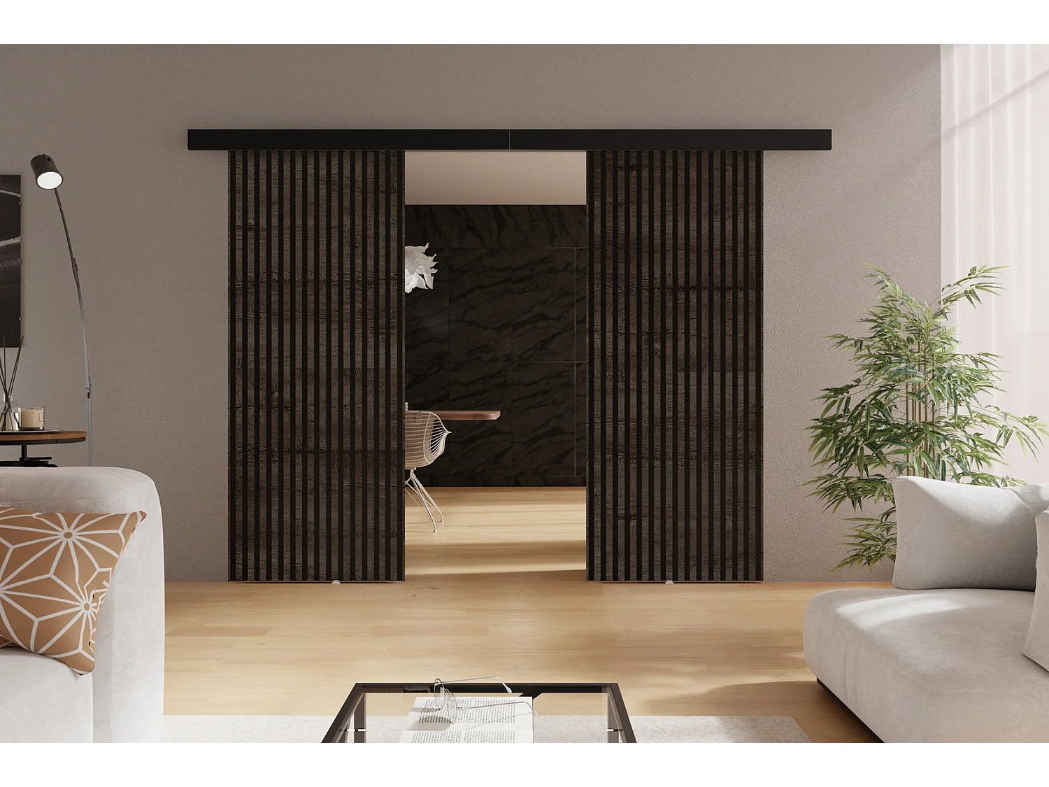 Emporius drzwi naścienne 130 cm Belor Duo - nowoczesne drzwi z imitacją lameli, drzwi naścienne jesion ciemny 4200767 - obrazek 1