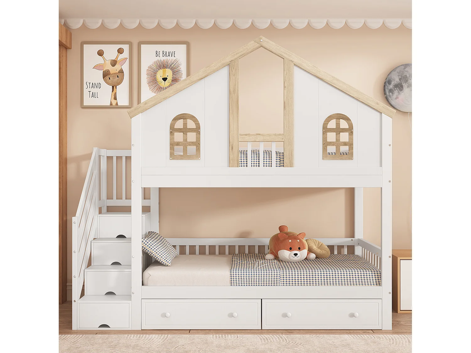 Łóżko piętrowe dla dzieci - 2 x 90 x 200 cm - z oknem + 2 szuflady + 4 schowki w schodach - sosna + MDF - białe + naturalne 4211704 - obrazek 1