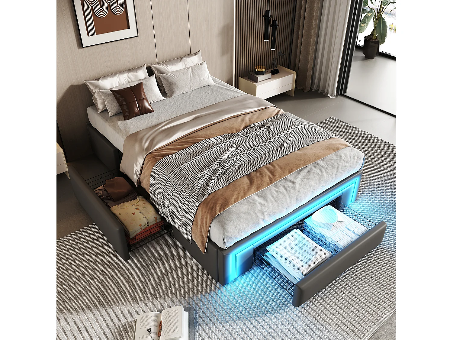 Łóżko dla dorosłych 90x200 cm - Łóżko jednoosobowe z oświetleniem LED i 2 szufladami - szare - bez materaca 4214577 - obrazek 1