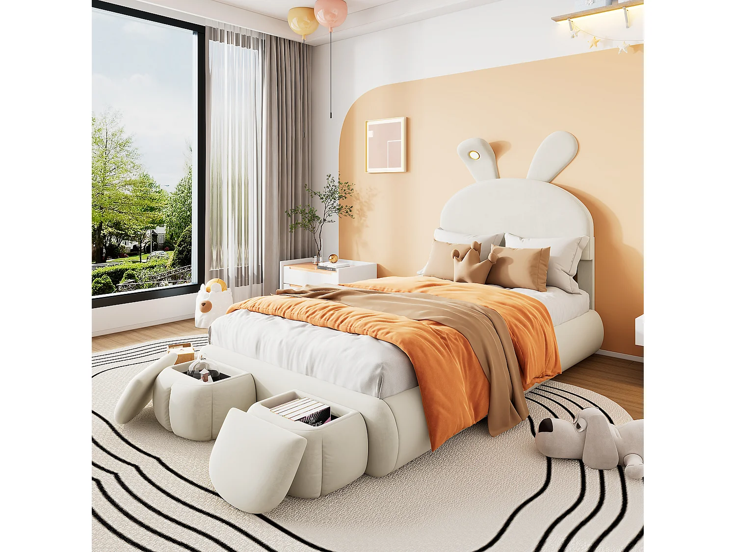 Łóżko jednoosobowe 90x200 cm - Łóżko dziecięce z dwiema ławkami ze schowkiem i ciepłą taśmą świetlną - beżowy aksamit - bez materaca 4214601 - obrazek 1
