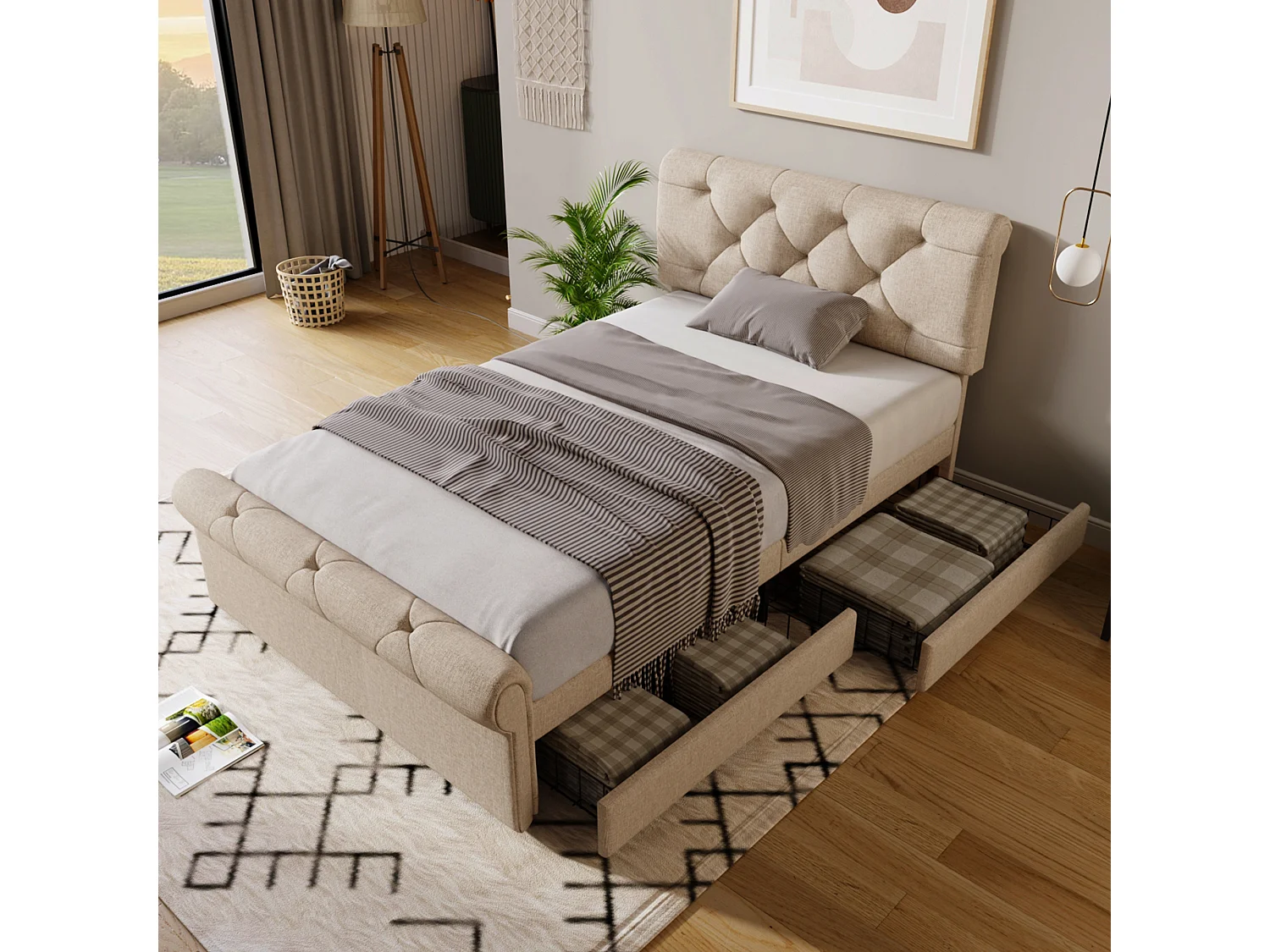 Łóżko dziecięce 90x200 cm - Łóżko pojedyncze z 2 szufladami i regulowanym zagłówkiem - kolor naturalny - bez materaca 4214607 - obrazek 1