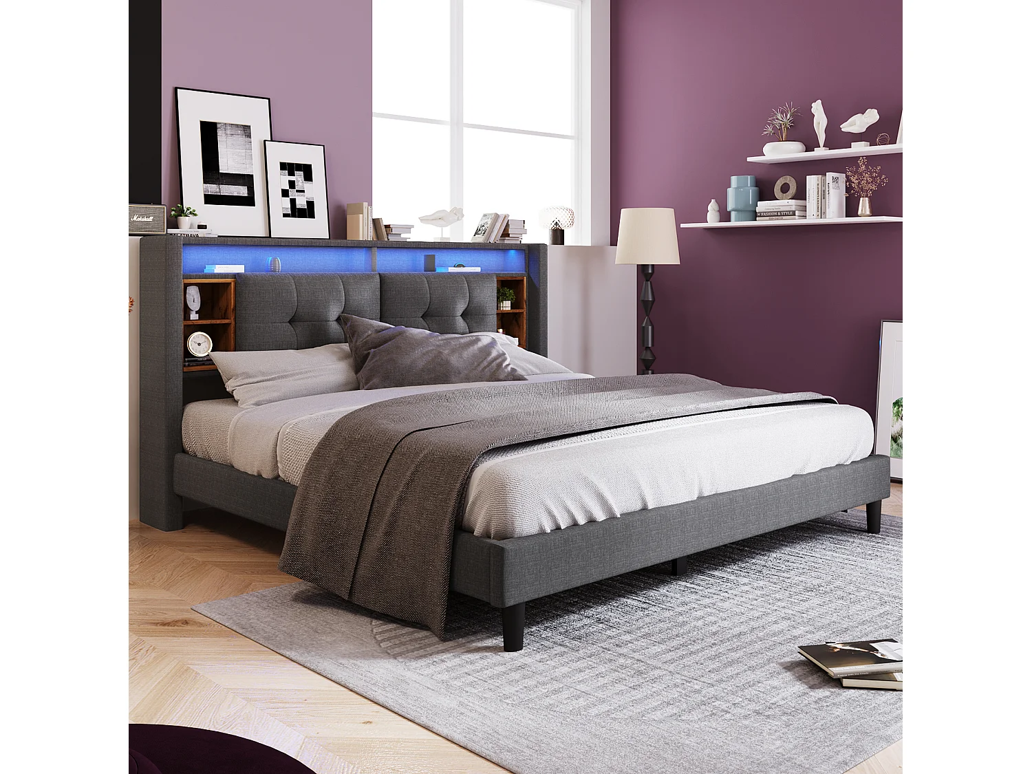 Łóżko dla dorosłych 140x200 cm - Łóżko dwuosobowe z ładowaniem USB i oświetleniem LED - zagłówek ze schowkiem - szare - bez materaca 4214942 - obrazek 1