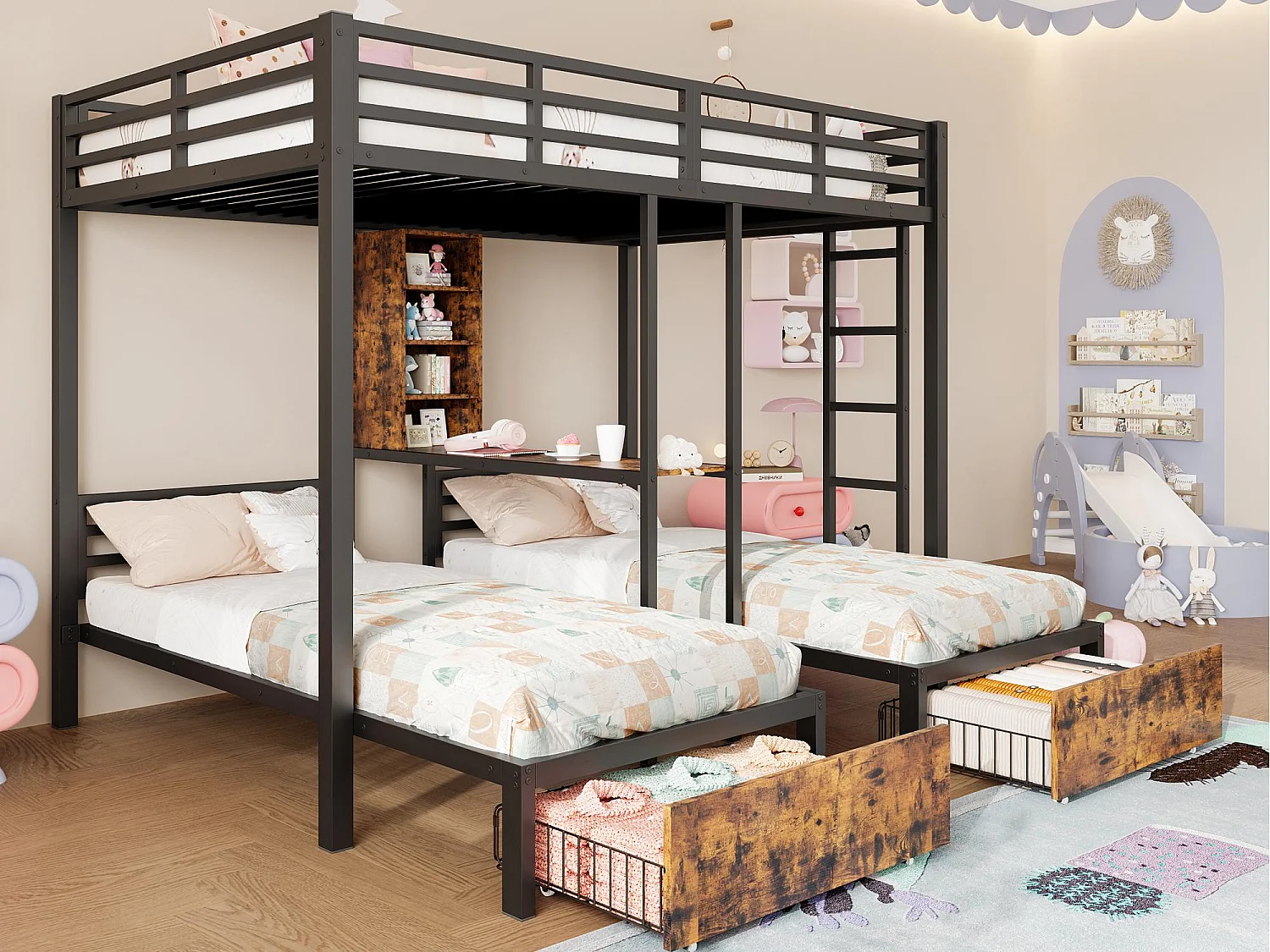 Łóżko piętrowe 140×200 cm + 90×200 cm – 3 miejsca do spania – z barierkami bocznymi – z przegrodami do przechowywania – 2 szuflady – czarne 4216562