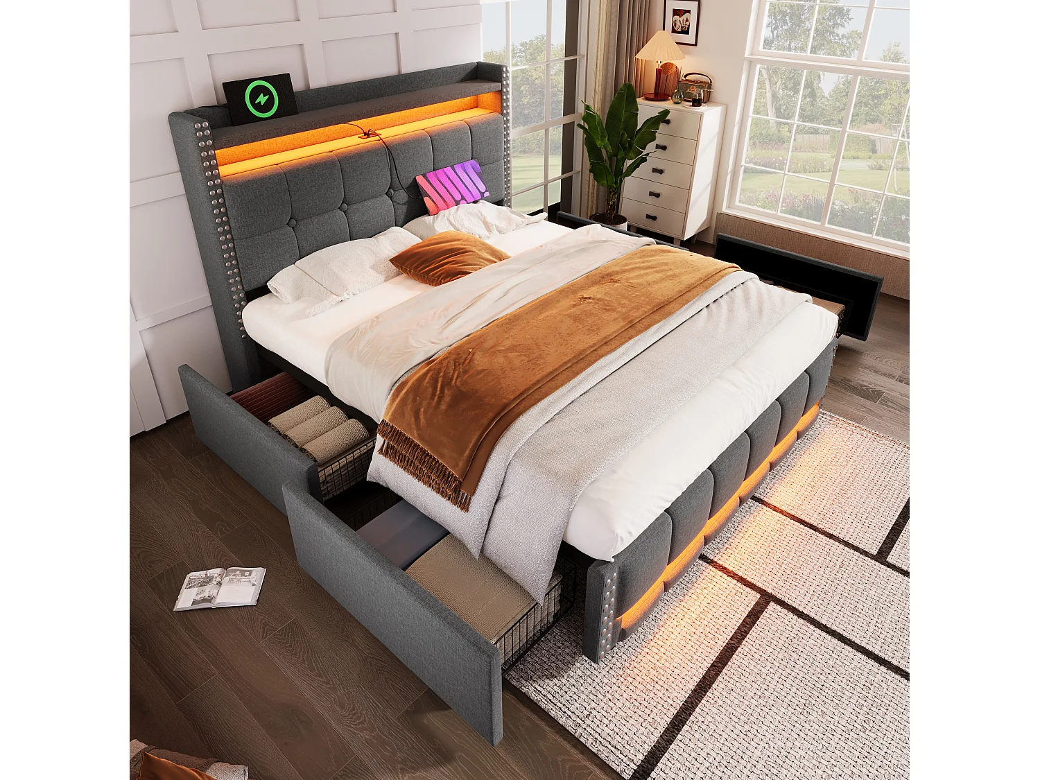 Łóżko dla dorosłych 140x200 cm - Łóżko podwójne z 4 szufladami i oświetleniem LED - stolik nocny z portem USB i schowkiem - len szary 4222840 - obrazek 1