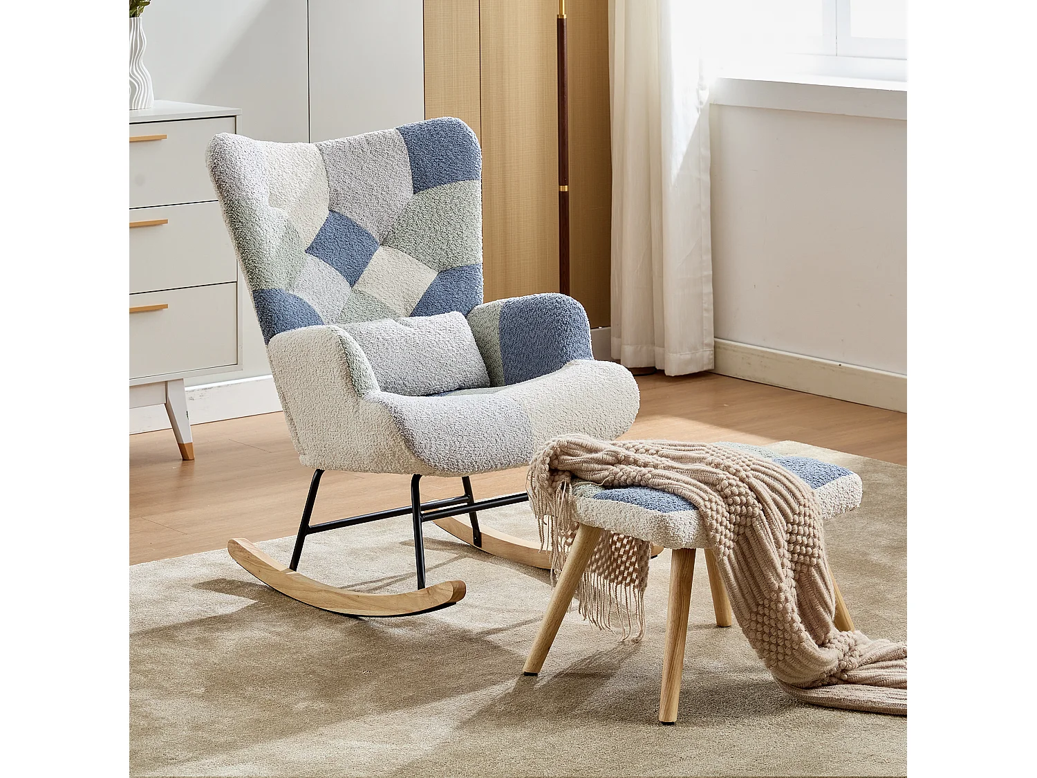 Fotel bujany z podnóżkiem - 68 x 84 x 91 cm - Tapicerowana sofa rozkładana do salonu - drewno + gąbka - beżowy + niebieski 4223453 - obrazek 1