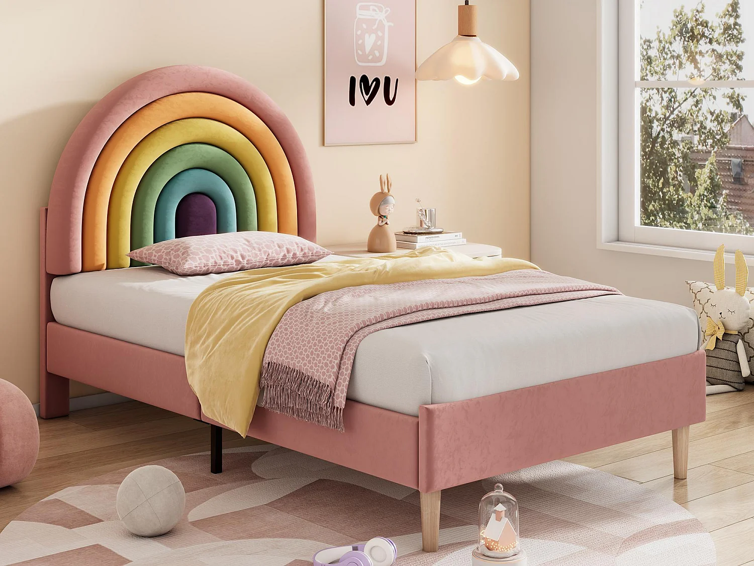 Łóżko dziecięce z weluru - 90x200cm - z regulowanym kolorowym wezgłowiem - Różowe 1673177 - obrazek 1