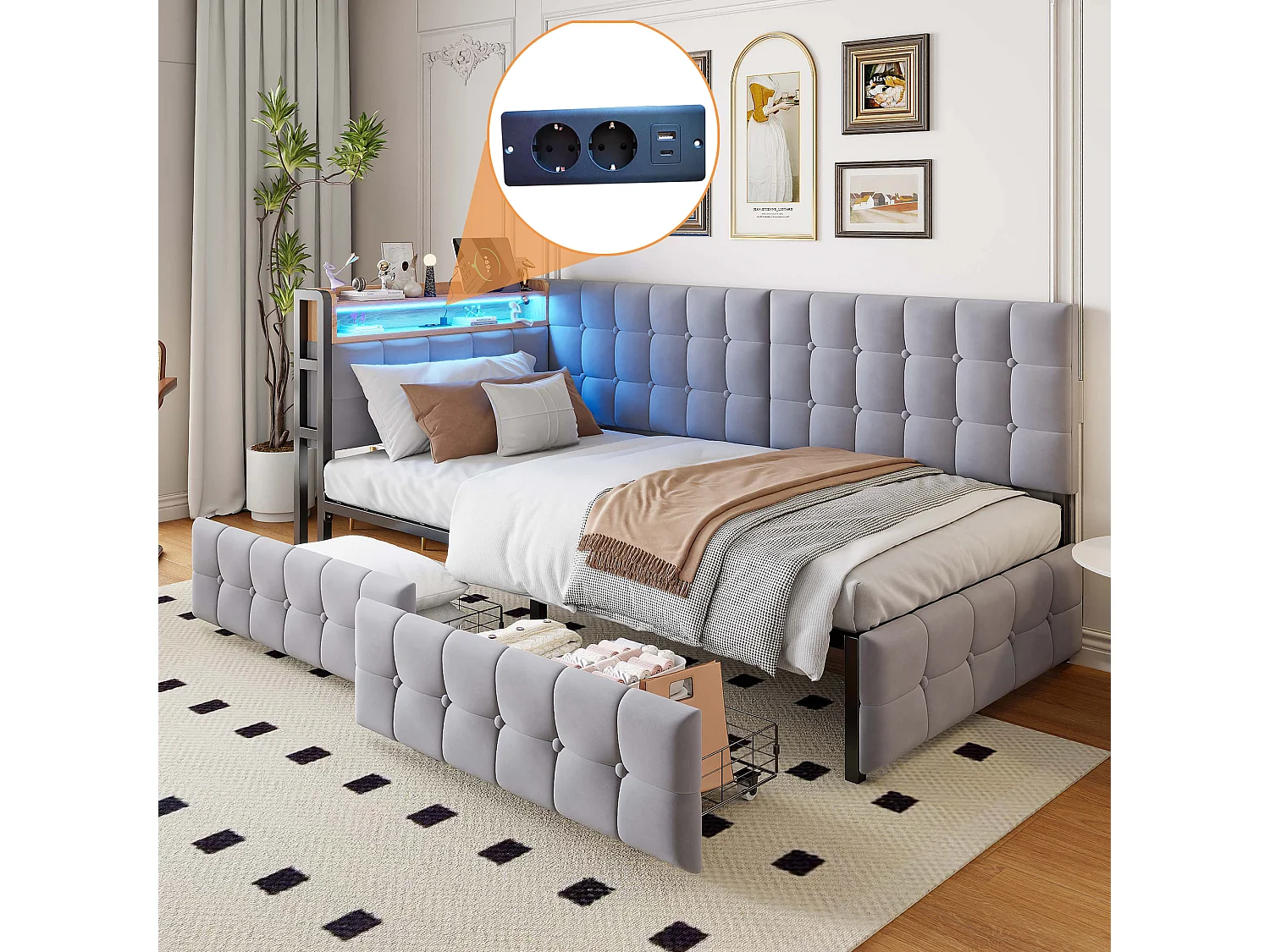 90×200 cm tapczan – jasnoszary aksamit – Łóżko dla dorosłych z ładowaniem USB i diodą LED – 2 szuflady – bez materaca 4252213