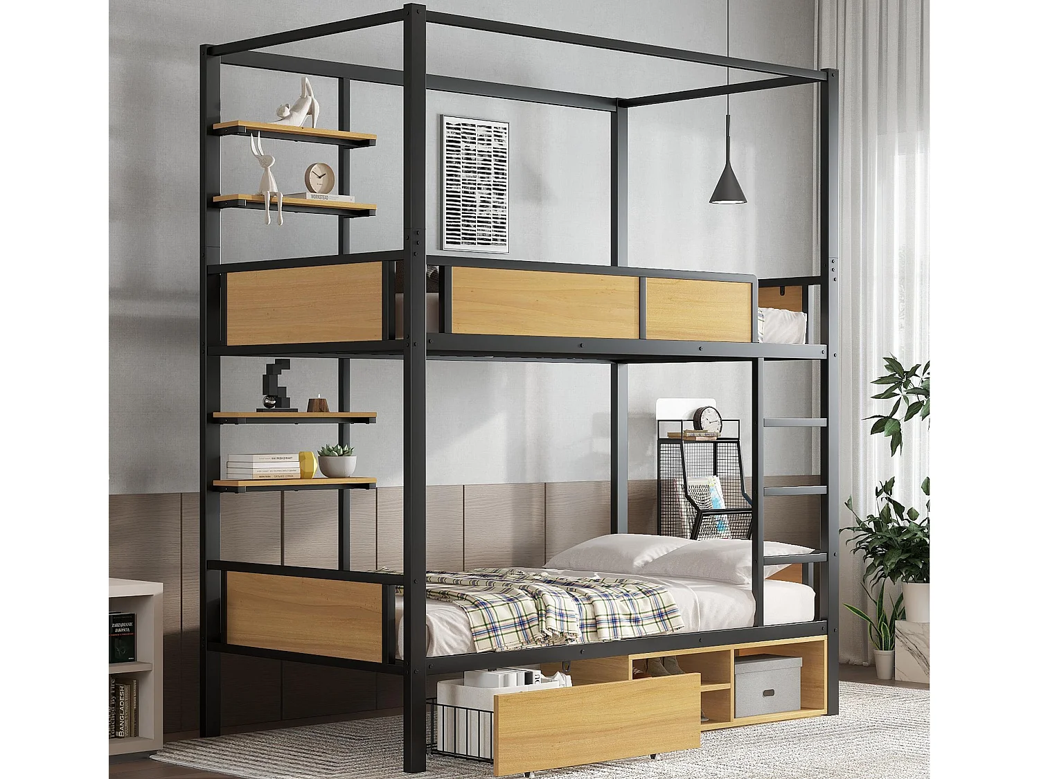 Łóżko piętrowe 90×200 cm – z półką – z 1 szufladą i schowkiem – Metal + MDF – Czarny + Naturalny 4252590