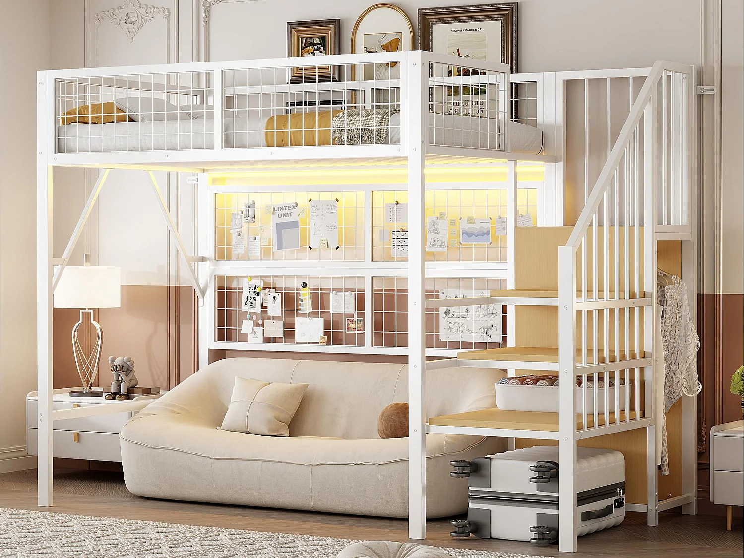 Łóżko mezzanine 90x200 - z oświetleniem LED - z drabiną do przechowywania - z otwartą szafą - białe (bez materaca) 4252610 - obrazek 1