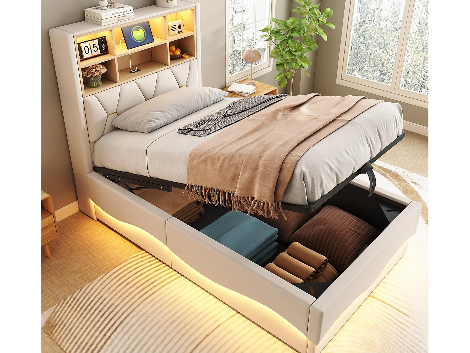 Łóżko dziecięce ze schowkiem 90×200 cm – z taśmą świetlną LED – z portem ładowania USB – len – beżowa (bez materaca) 4252611