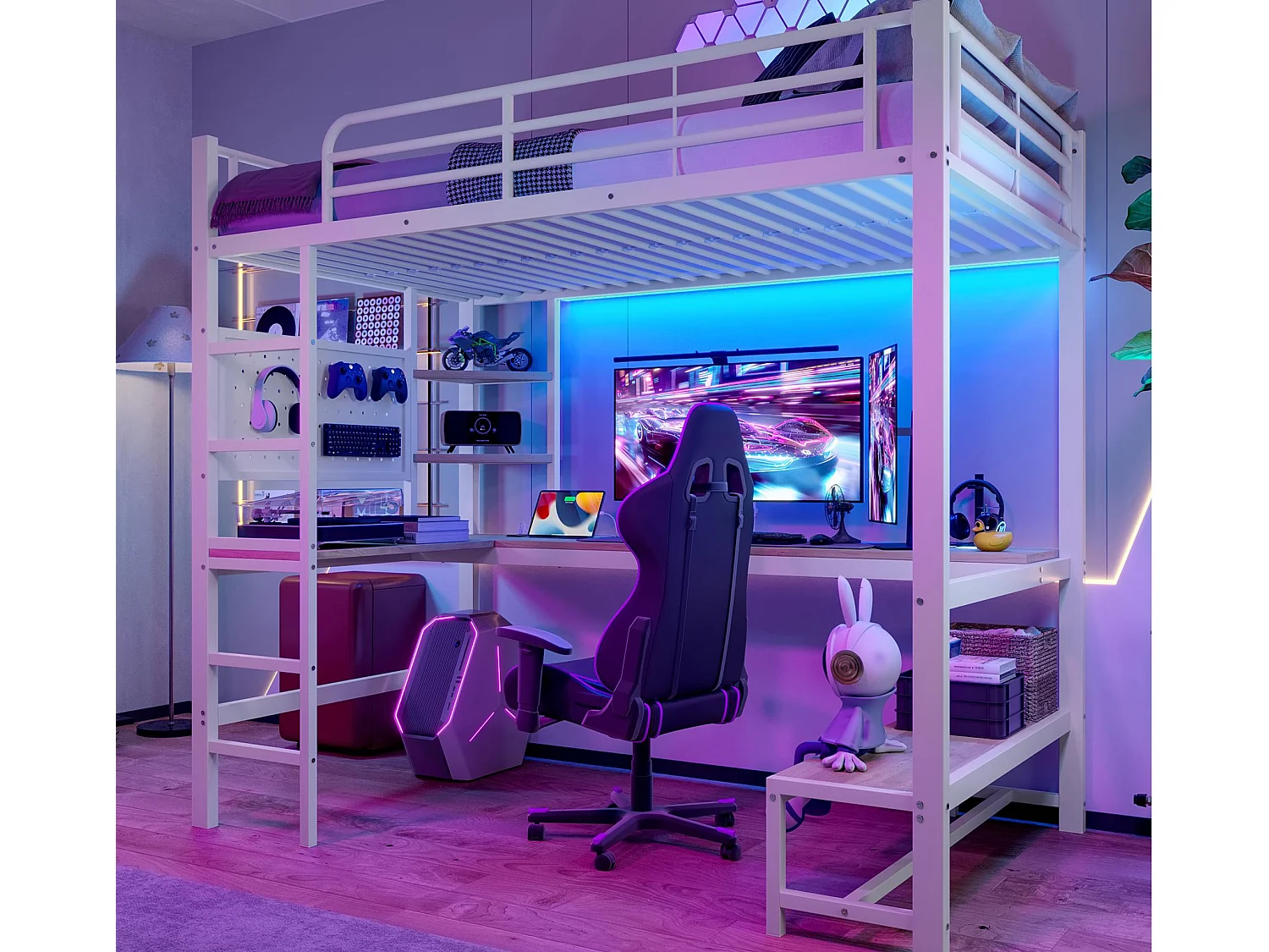 Łóżko mezzanine 90x200cm - z biurkiem + balustradą - z portami USB + Type-C - z taśmą świetlną LED - białe 4252615 - obrazek 1