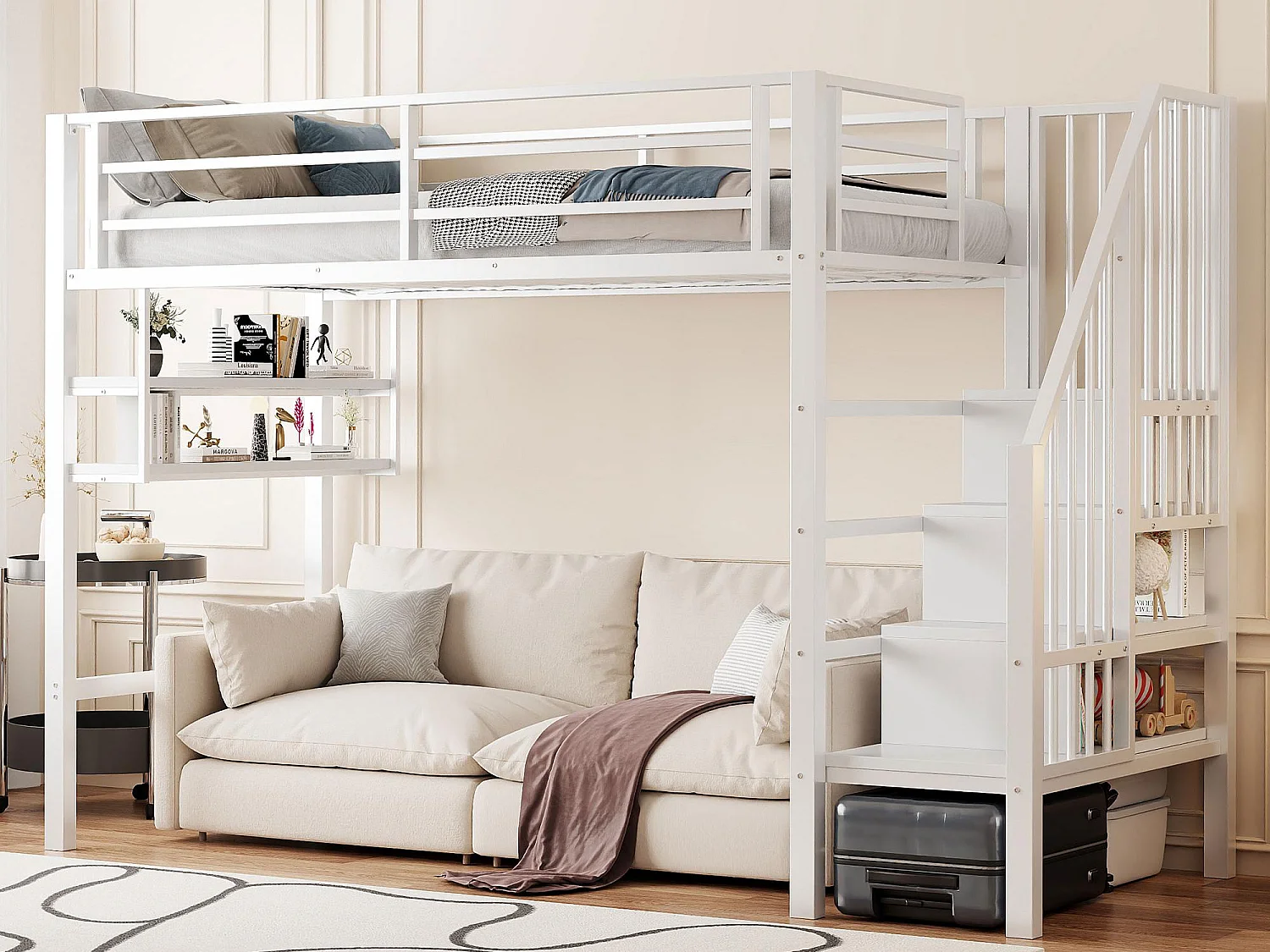 Łóżko mezzanine 90x200cm - z drabiną do przechowywania - z barierkami - białe (bez materaca) 4252626 - obrazek 1