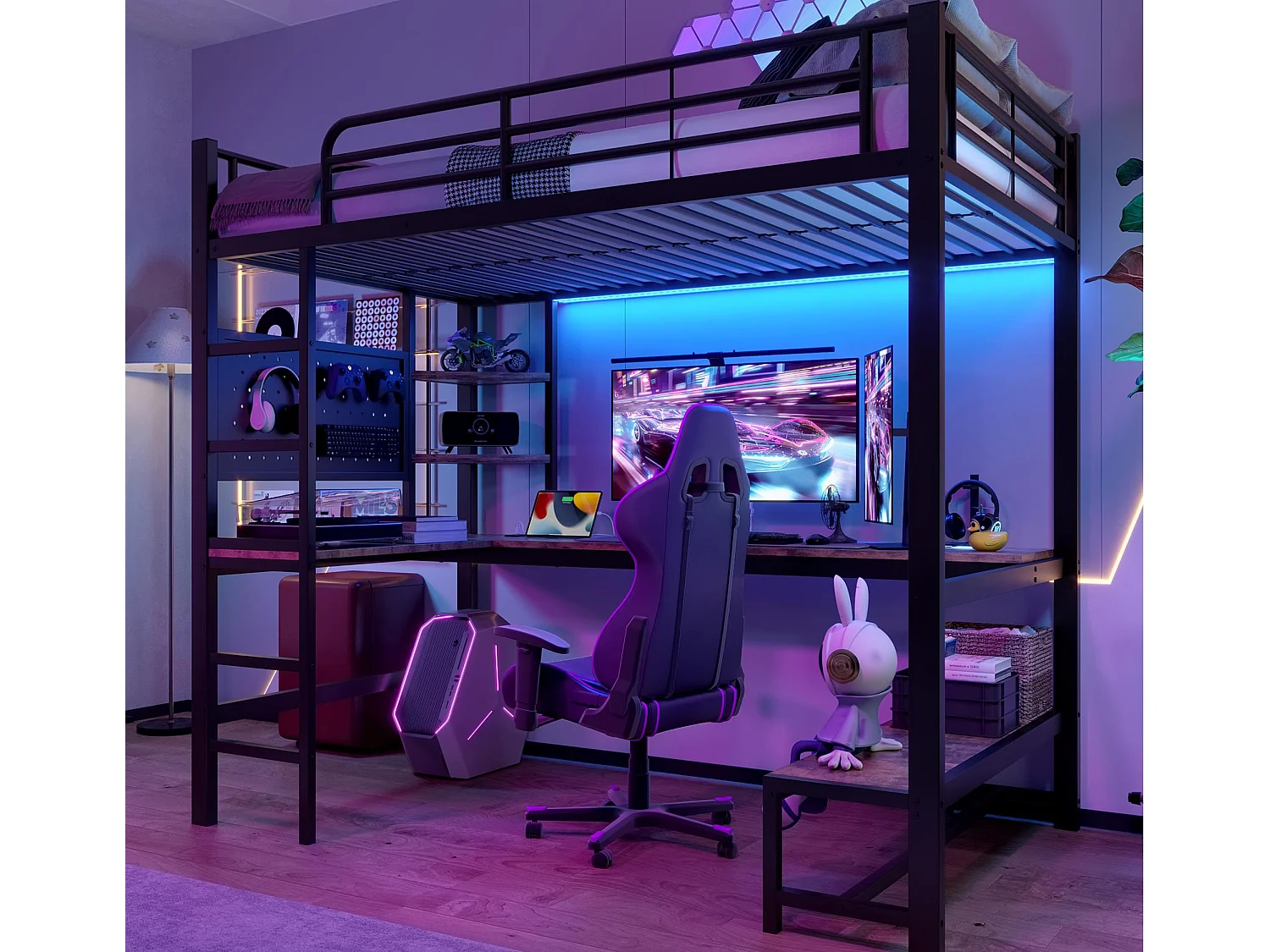 Łóżko mezzanine 90x200cm - z biurkiem + balustradą - z portami USB + Type-C - z taśmą świetlną LED - czarne 4252640 - obrazek 1