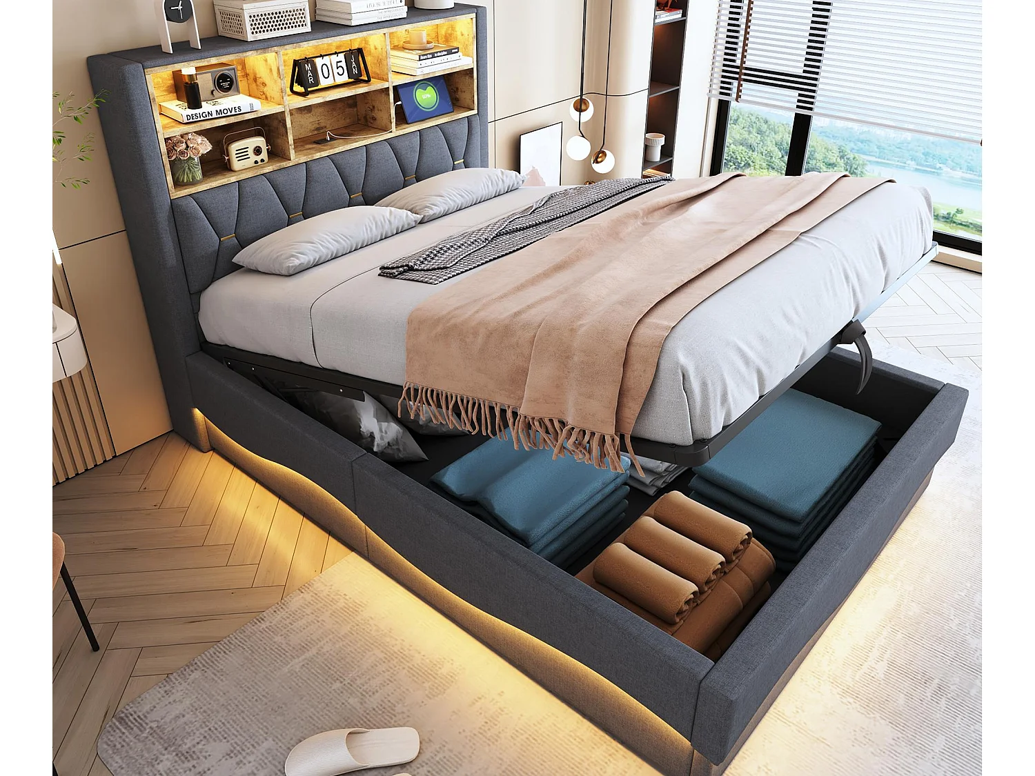 Łóżko dziecięce ze schowkiem 140×200 cm – z taśmą świetlną LED – z portem ładowania USB – len – szare (bez materaca) 4252642