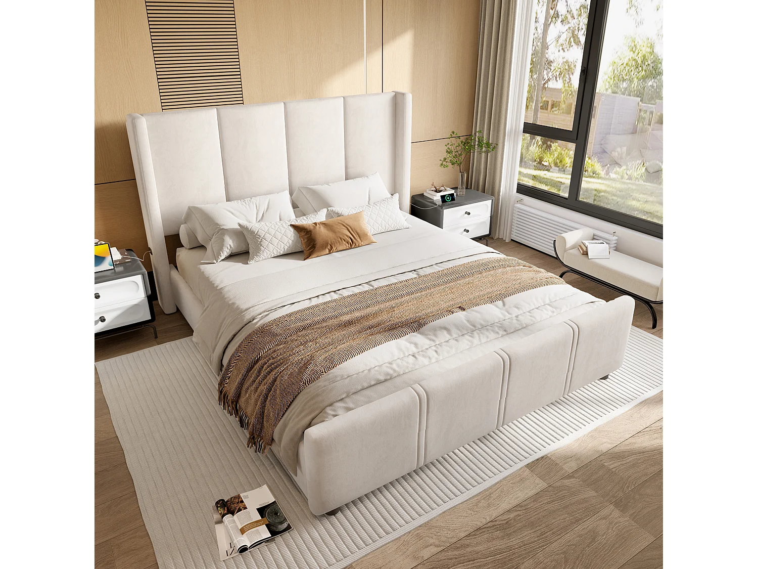 Łóżko dla dorosłych 140 x 200 cm – łóżko pojedyncze z ładowaniem USB i zagłówkiem – beżowe – bez materaca 4253974