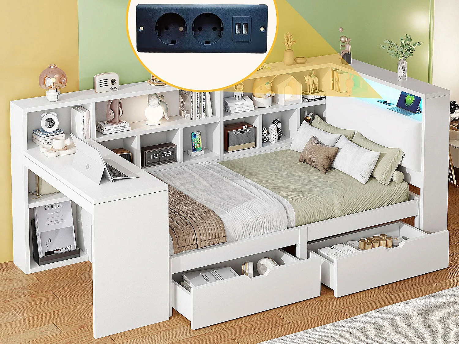 Łóżko dziecięce 90x200cm - z 2 szufladami i stacją ładowania - z kolorowymi światłami LED - białe (bez materaca) 4255708 - obrazek 1