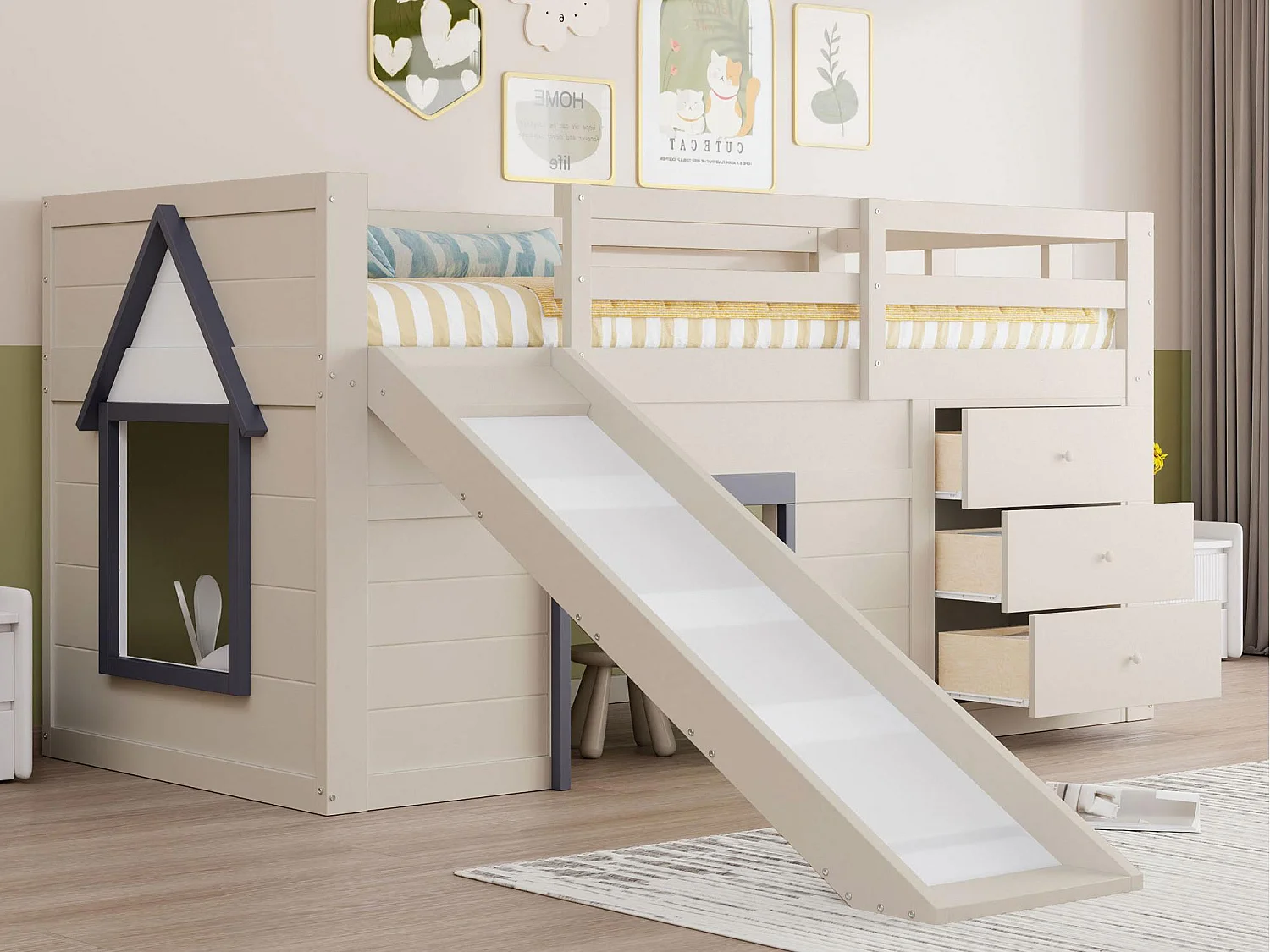 Łóżko mezzanine dla dzieci 90x200 cm - ze zjeżdżalnią - 3 szuflady - kremowe (bez materaca) 4255717 - obrazek 1