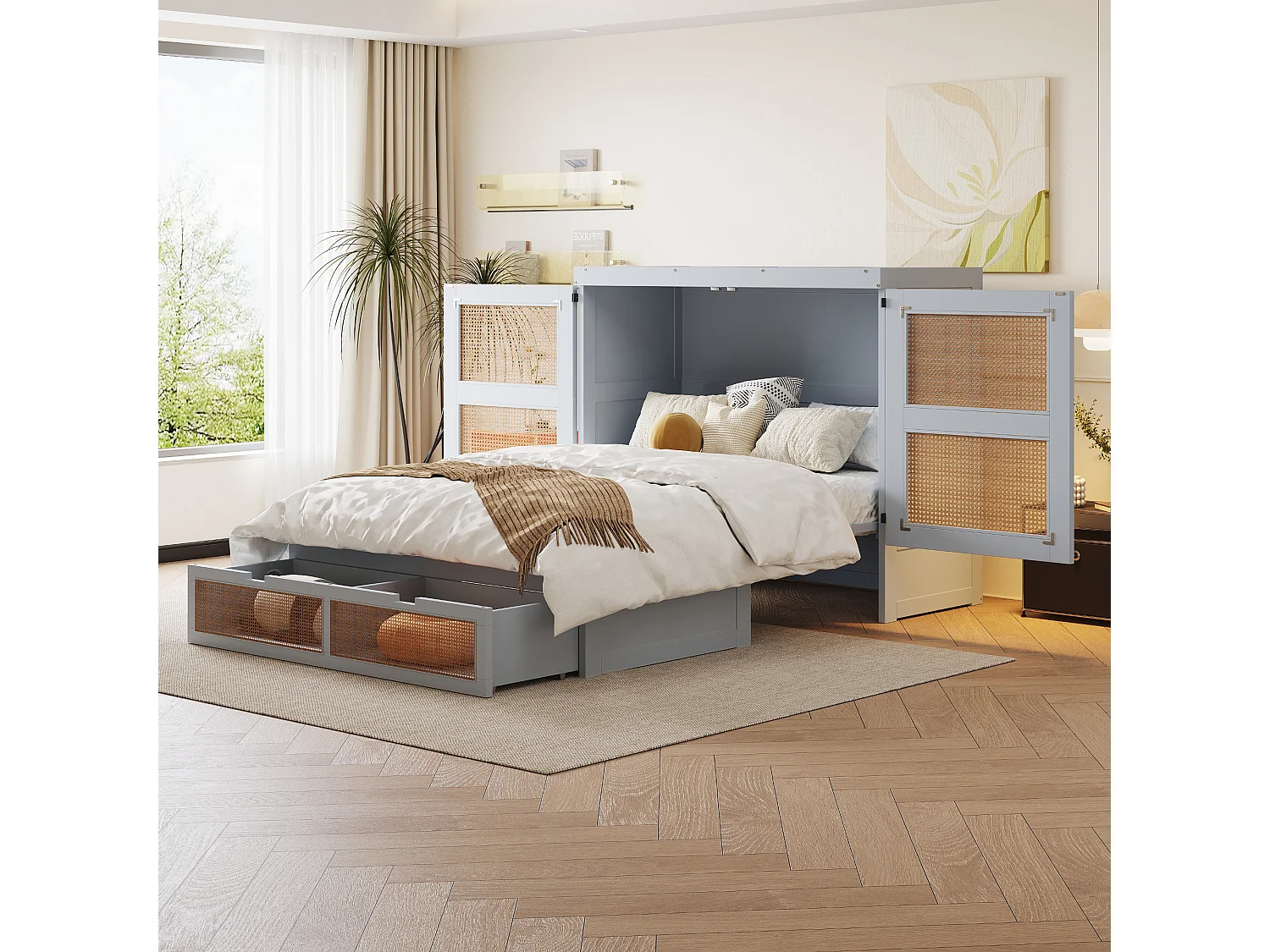 Łóżko Murphy’ego dla młodzieży – 140 x 200 cm – Łóżko ścienne z szufladami do przechowywania – Sosna + sklejka + MDF – Szare 4257567