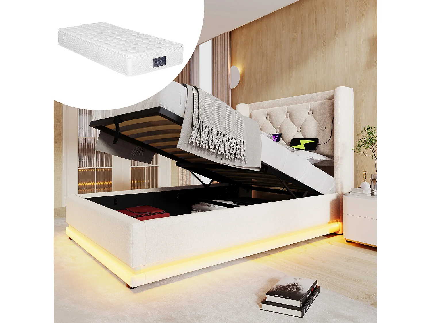 Łóżko dziecięce z pojemnikiem na pościel – 90 x 200 cm – z materacem + diody LED + zagłówek z USB – bawełna – beż 4257577