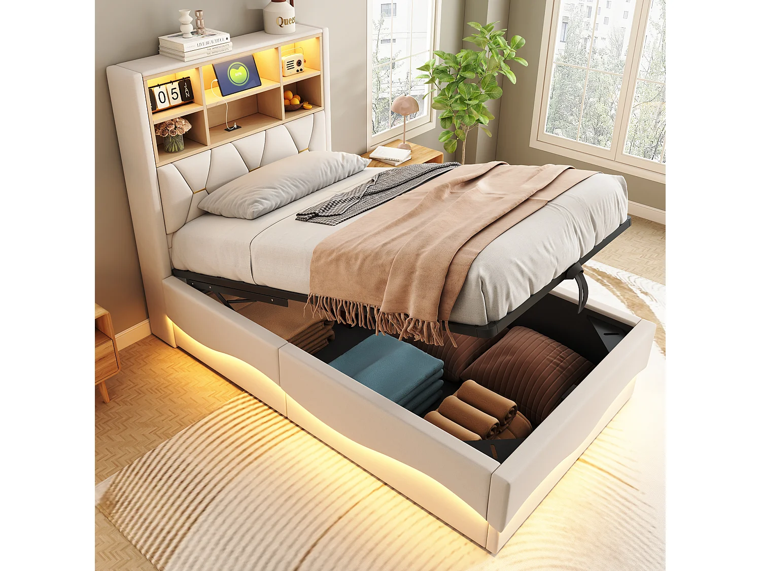 Łóżko dziecięce ze schowkiem – 90 x 200 cm – schowek hydrauliczny – z LED + USB – Len + Metal + Sklejka + MDF – beż 4257600