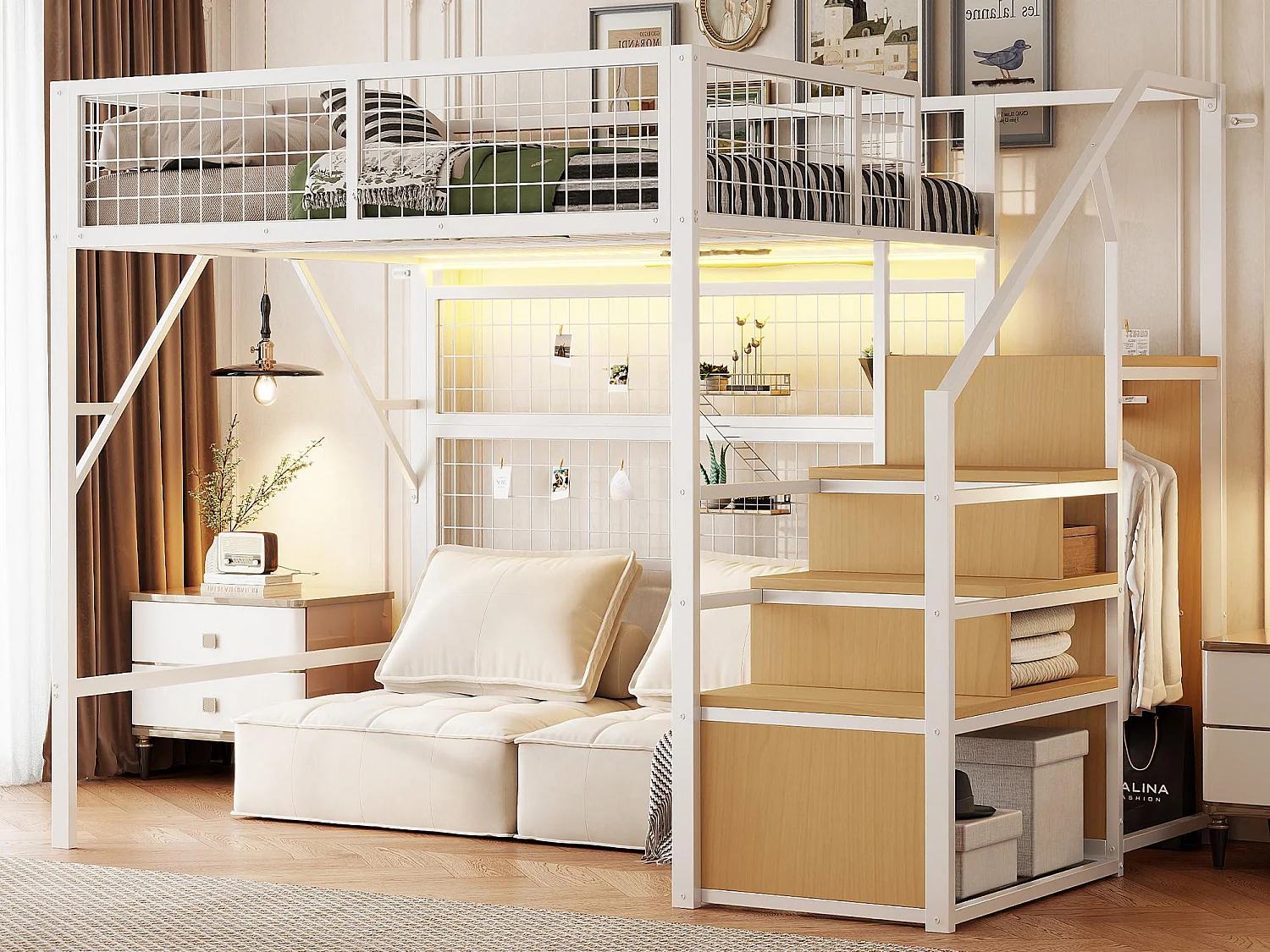 Łóżko mezzanine 140x200 - z oświetleniem LED - z drabiną do przechowywania - z otwartą szafą - białe (bez materaca) 4252609 - obrazek 1