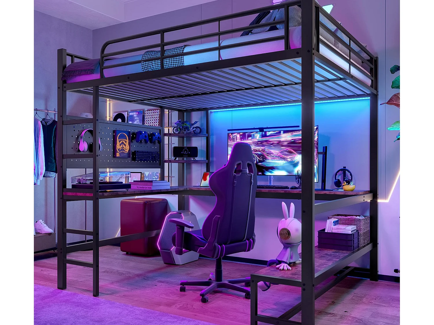 Łóżko mezzanine 140x200cm - z biurkiem + balustradą - z portami USB + Type-C - z taśmą świetlną LED - czarne 4252631 - obrazek 1