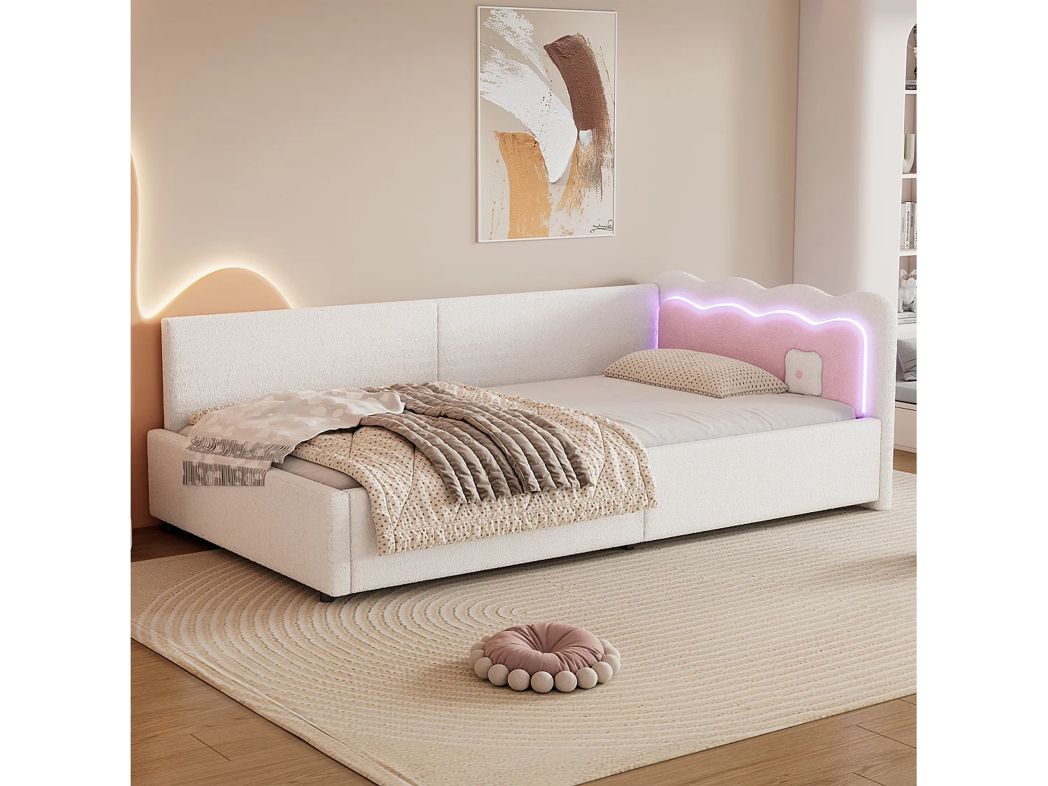 Łóżko dziecięce - 90 x 200 cm - z zagłówkiem - Sofa z funkcją spania - LED - Aksamit - Stelaż listwowy - biały 4273277 - obrazek 1