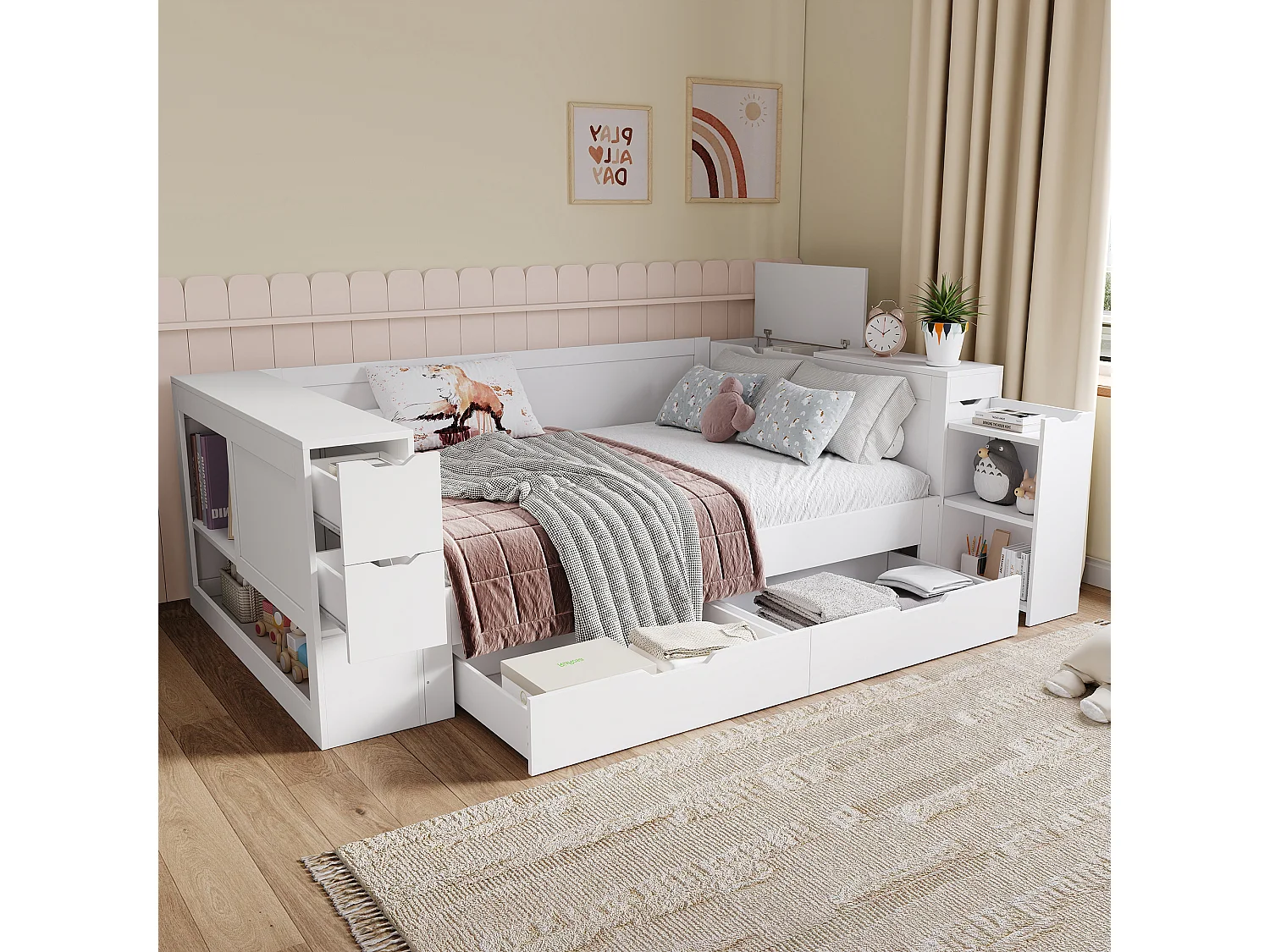 Łóżko dziecięce ze schowkiem - 90 x 200 cm - tapczan z 3 szufladami - ze szafkami nocnymi - MDF - białe 4273560 - obrazek 1