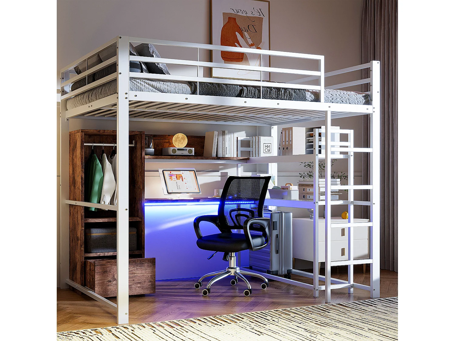 Łóżko piętrowe dla dzieci - 140 x 200 cm - z szafą + oświetlenie LED + biurko + 1 szuflada - płyta MDF + metal - białe 4273618 - obrazek 1