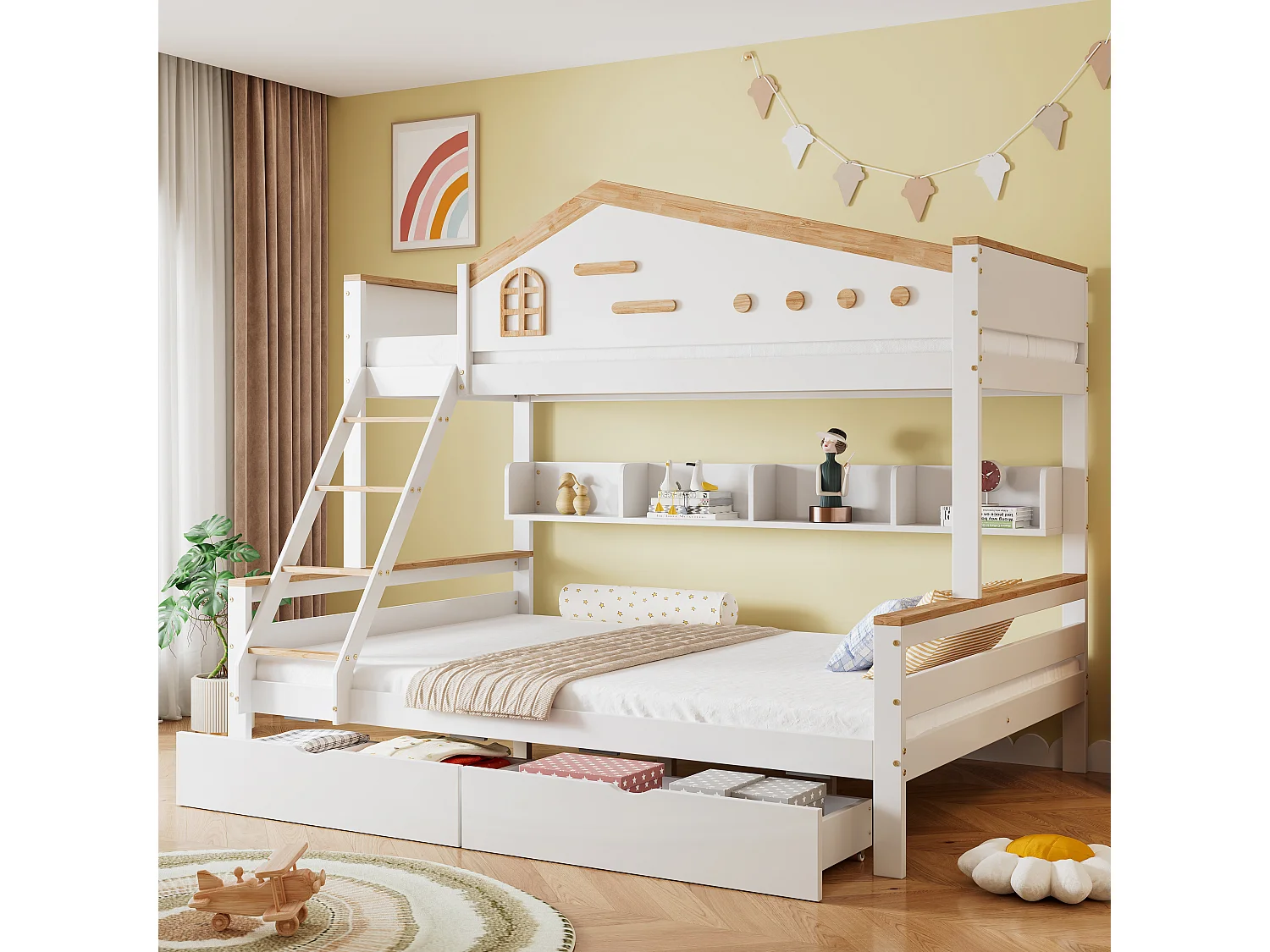 Łóżko piętrowe dla dzieci – 90 x 200 cm + 140 x 200 cm – z barierką zabezpieczającą + 2 szuflady – sosna + płyta MDF – biały + naturalny 4273607