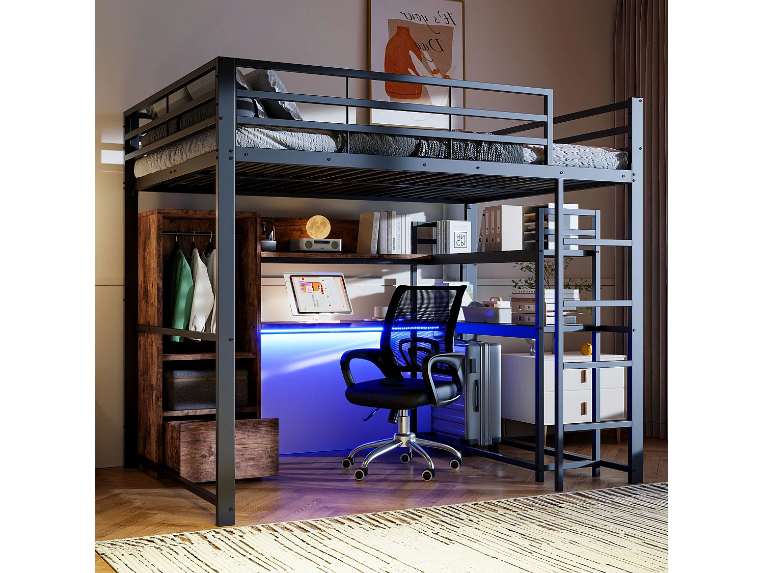 Łóżko piętrowe dla dzieci - 140 x 200 cm - z szafą + oświetlenie LED + biurko + 1 szuflada - płyta MDF + metal - czarne 4273629 - obrazek 1