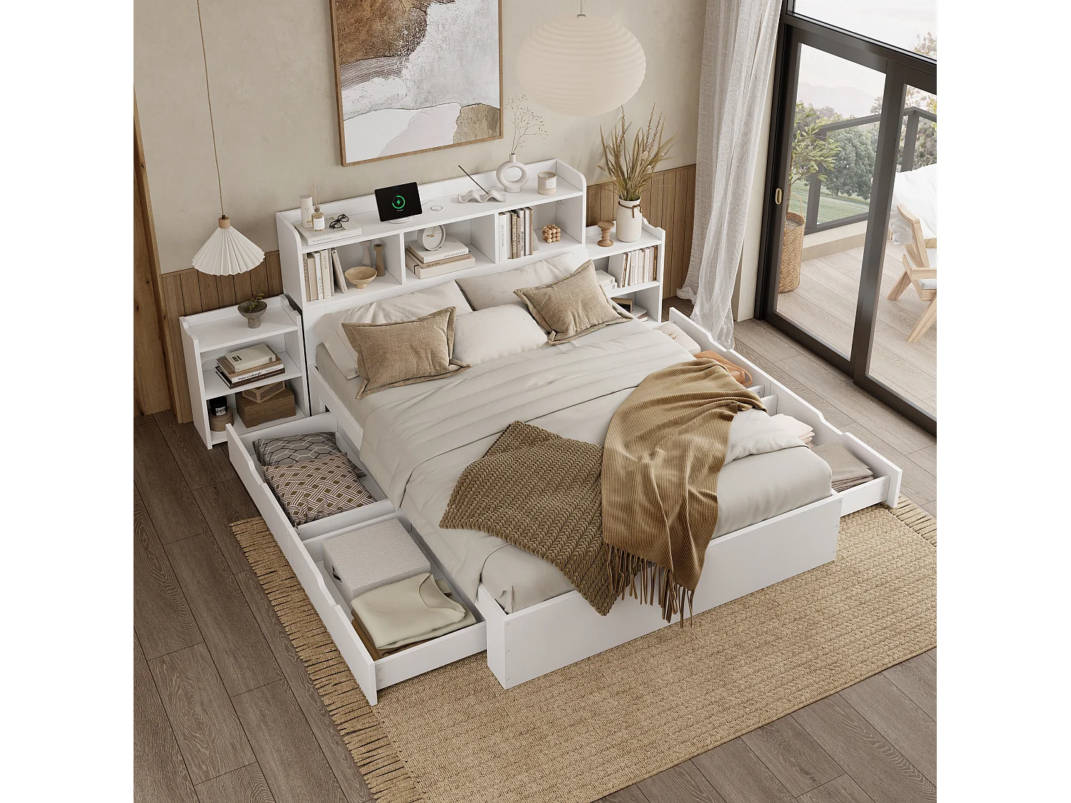 Łóżko dwuosobowe ze schowkiem - 140 x 200 cm - z wezgłowiem ze schowkiem + 2 szafki nocne + 2 szuflady - MDF - białe 4273631 - obrazek 1